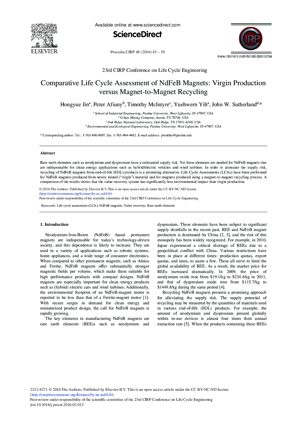 Comparative Life Cycle Assessment of NdFeB Magnets: Virgin Production versus Magnet-to-Magnet Recycling 