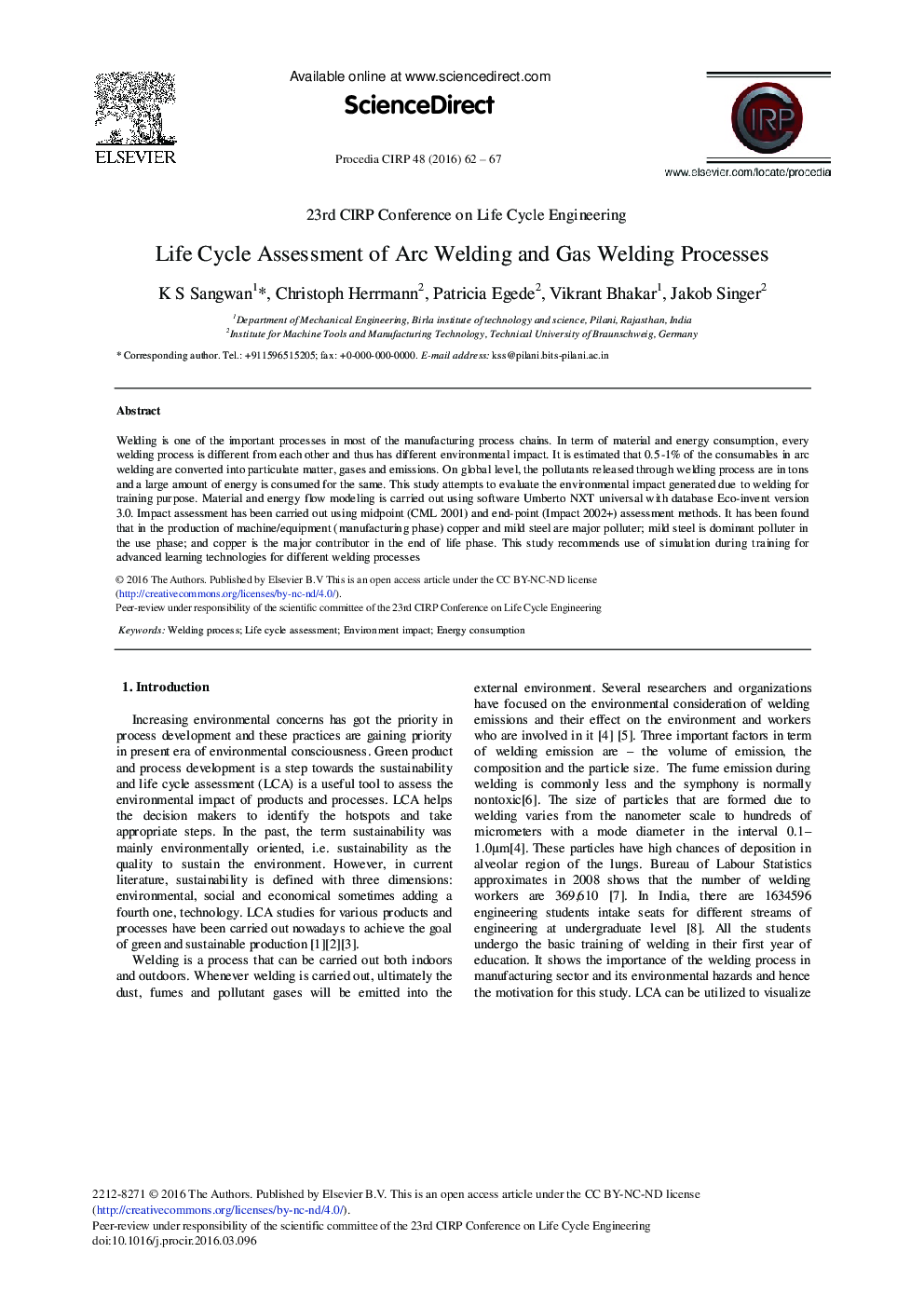 Life Cycle Assessment of Arc Welding and Gas Welding Processes 