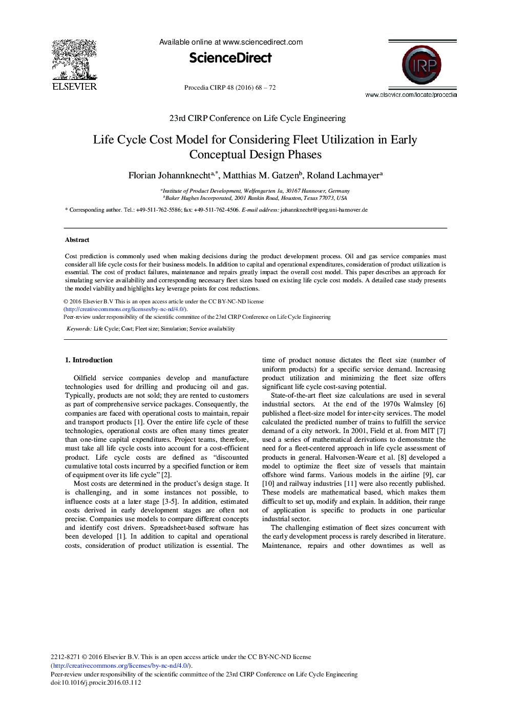 Life Cycle Cost Model for Considering Fleet Utilization in Early Conceptual Design Phases 