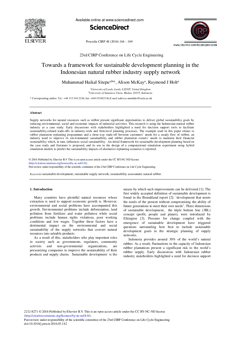 Towards a Framework for Sustainable Development Planning in the Indonesian Natural Rubber Industry Supply Network 