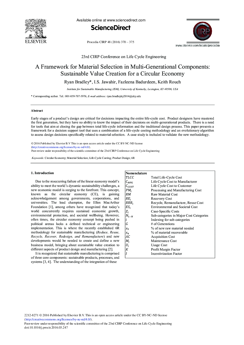 A Framework for Material Selection in Multi-Generational Components: Sustainable Value Creation for a Circular Economy 