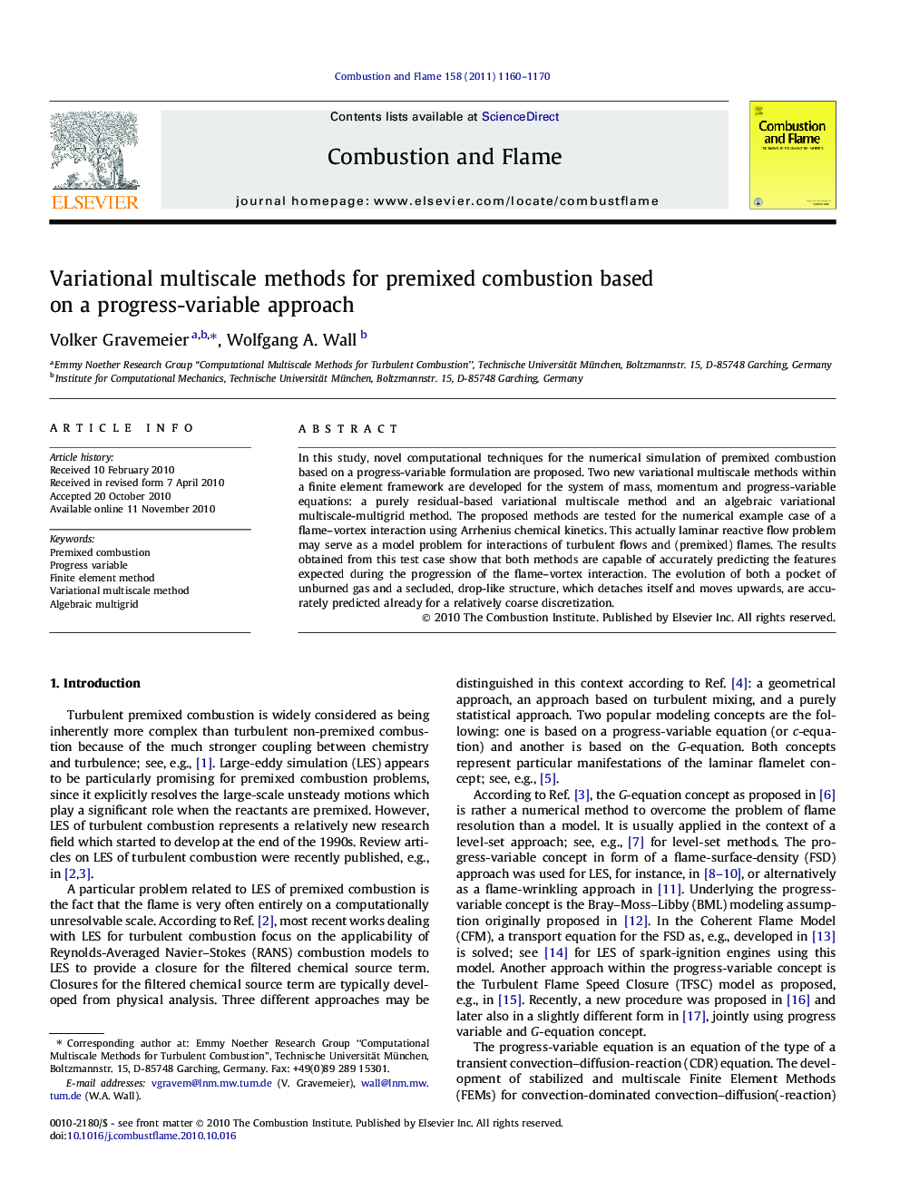 Variational multiscale methods for premixed combustion based on a progress-variable approach