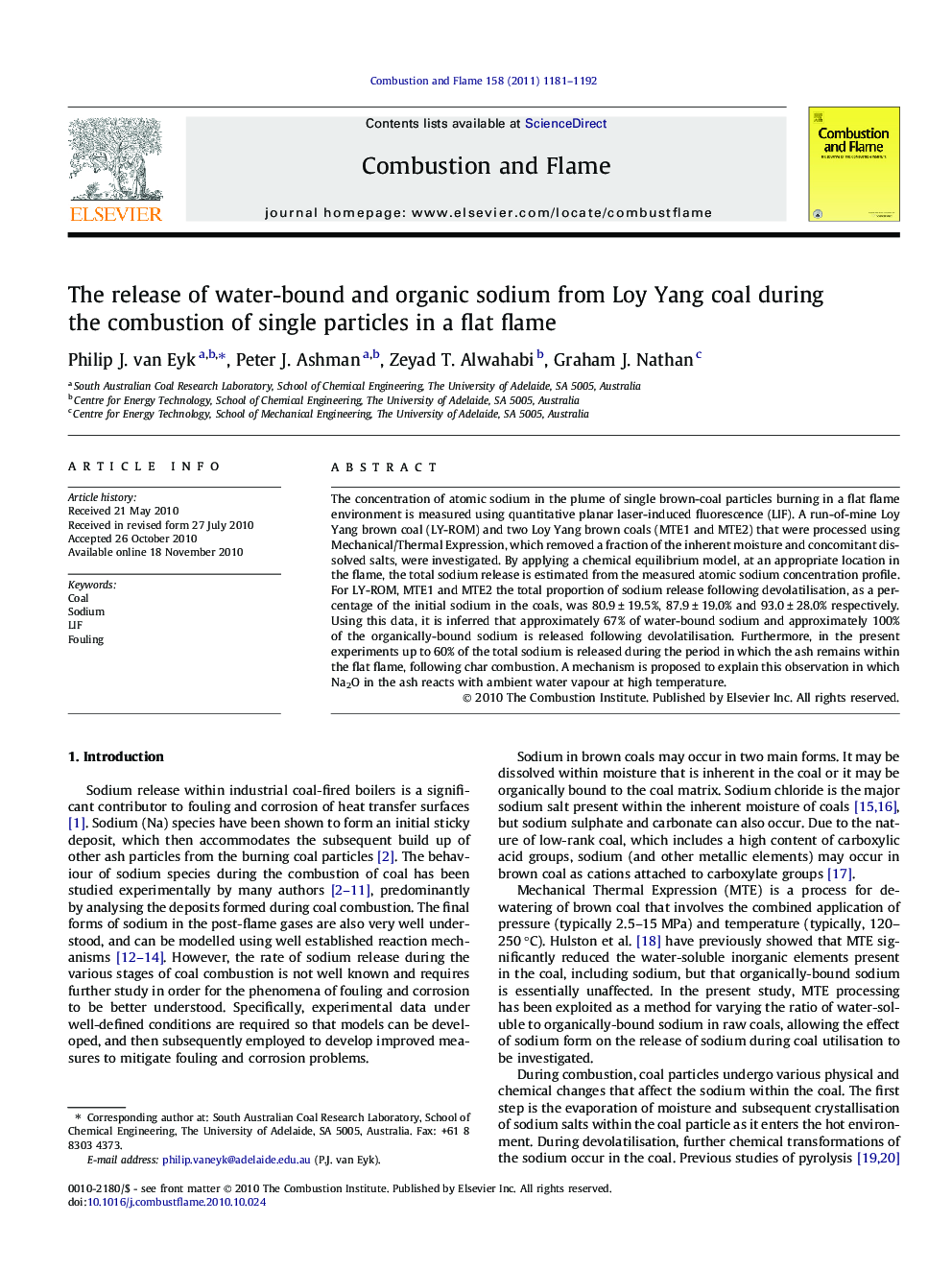 The release of water-bound and organic sodium from Loy Yang coal during the combustion of single particles in a flat flame