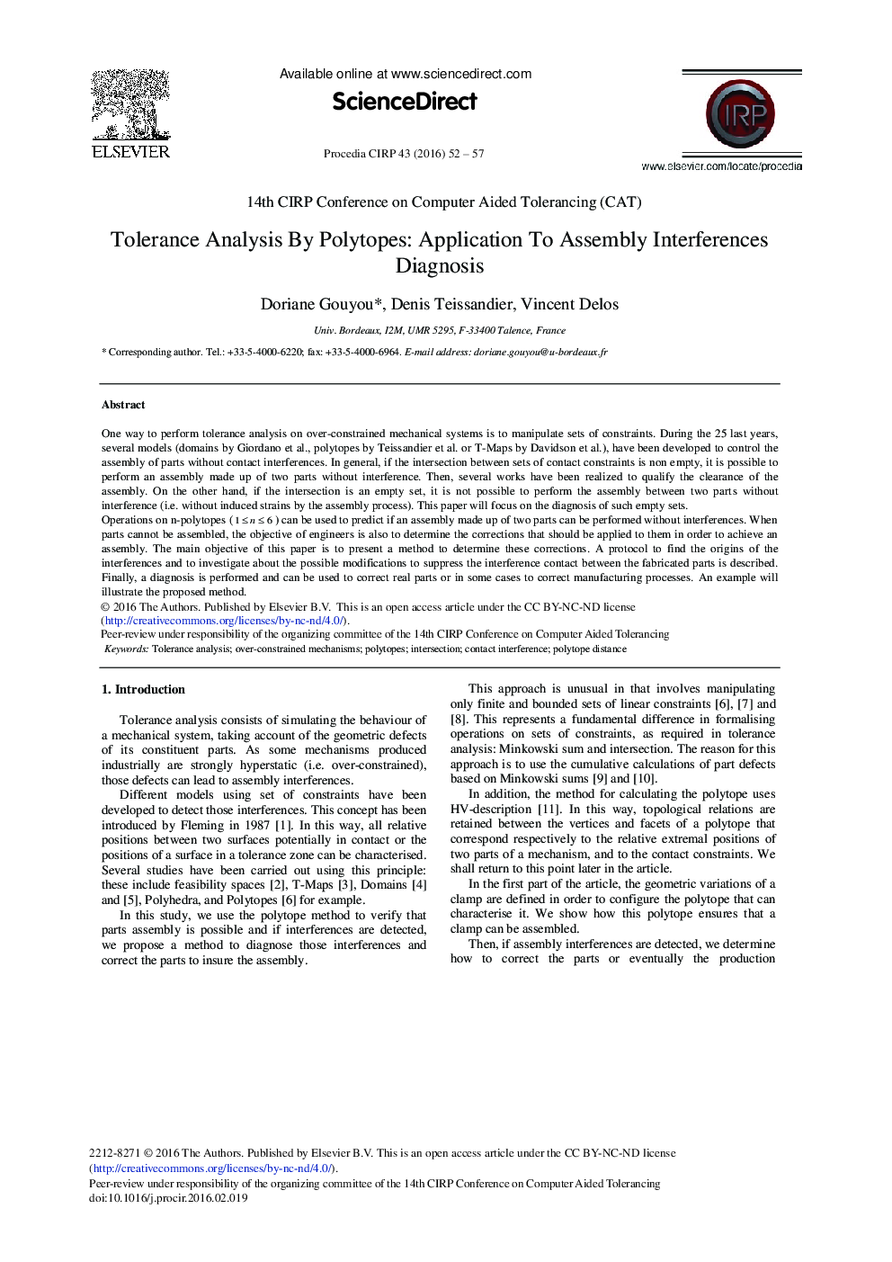 Tolerance Analysis by Polytopes: Application to Assembly Interferences Diagnosis 