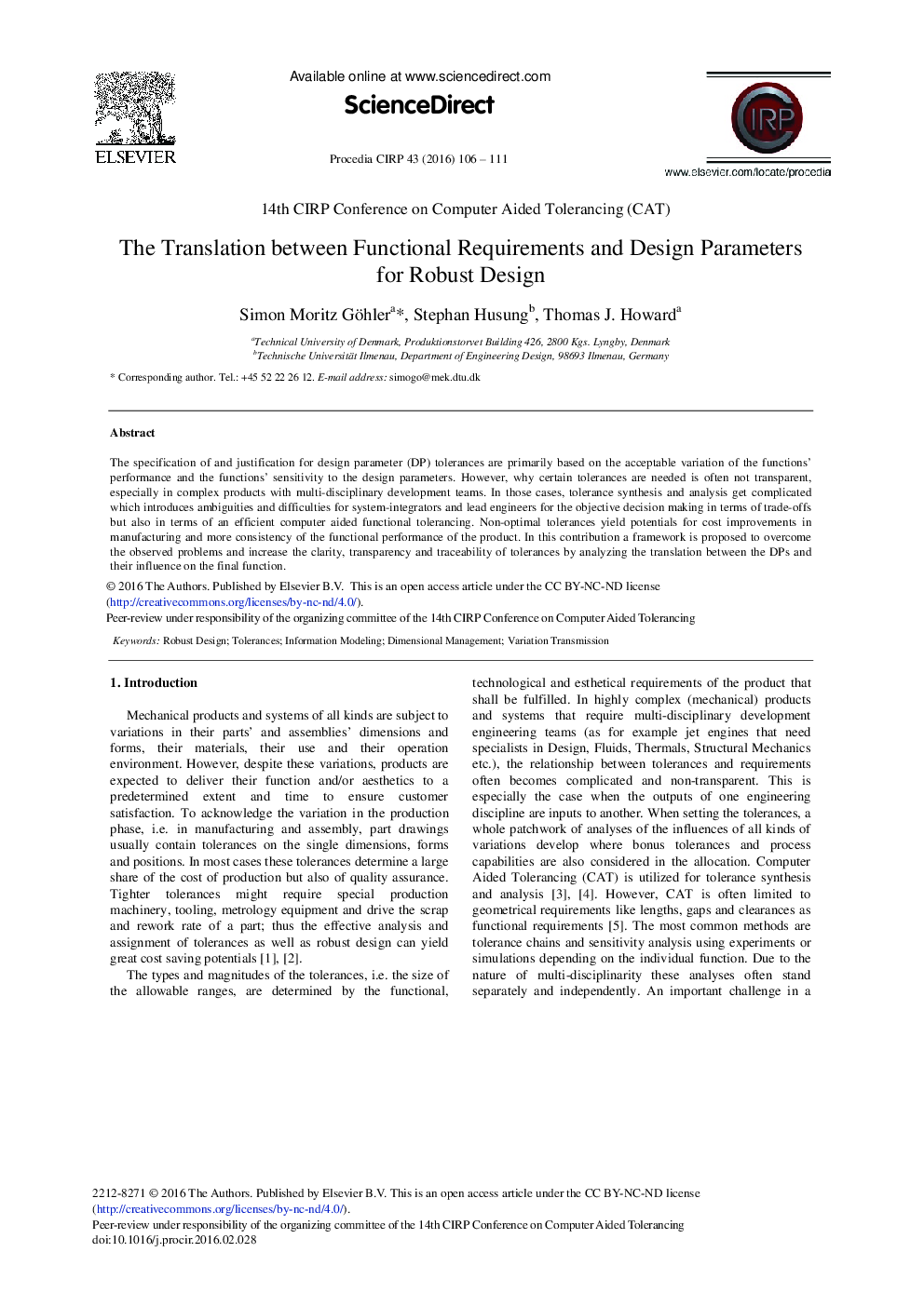 The Translation between Functional Requirements and Design Parameters for Robust Design 