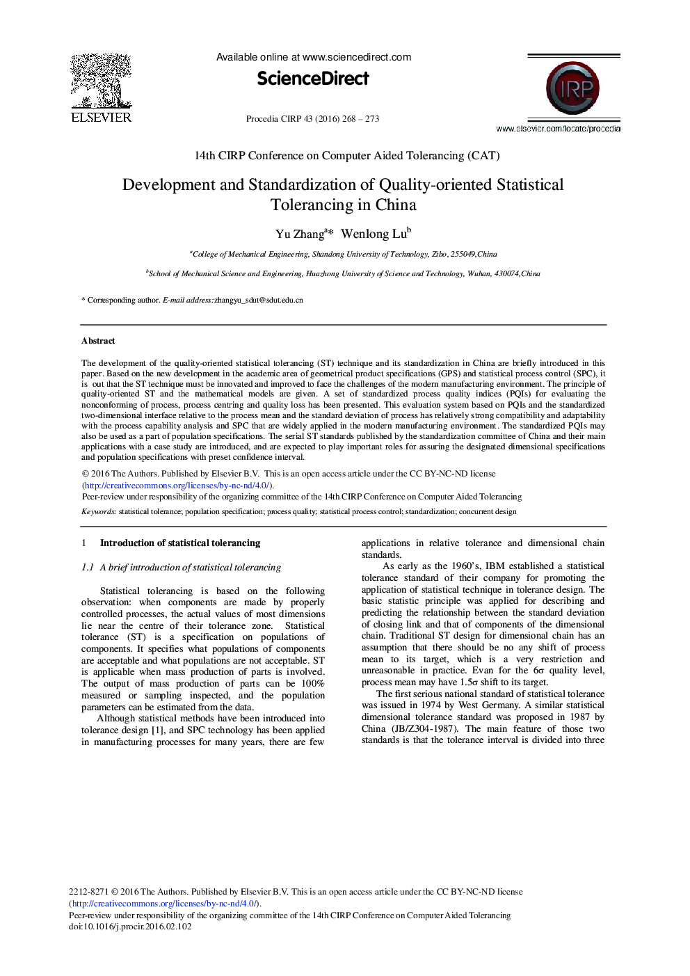 Development and Standardization of Quality-oriented Statistical Tolerancing in China 