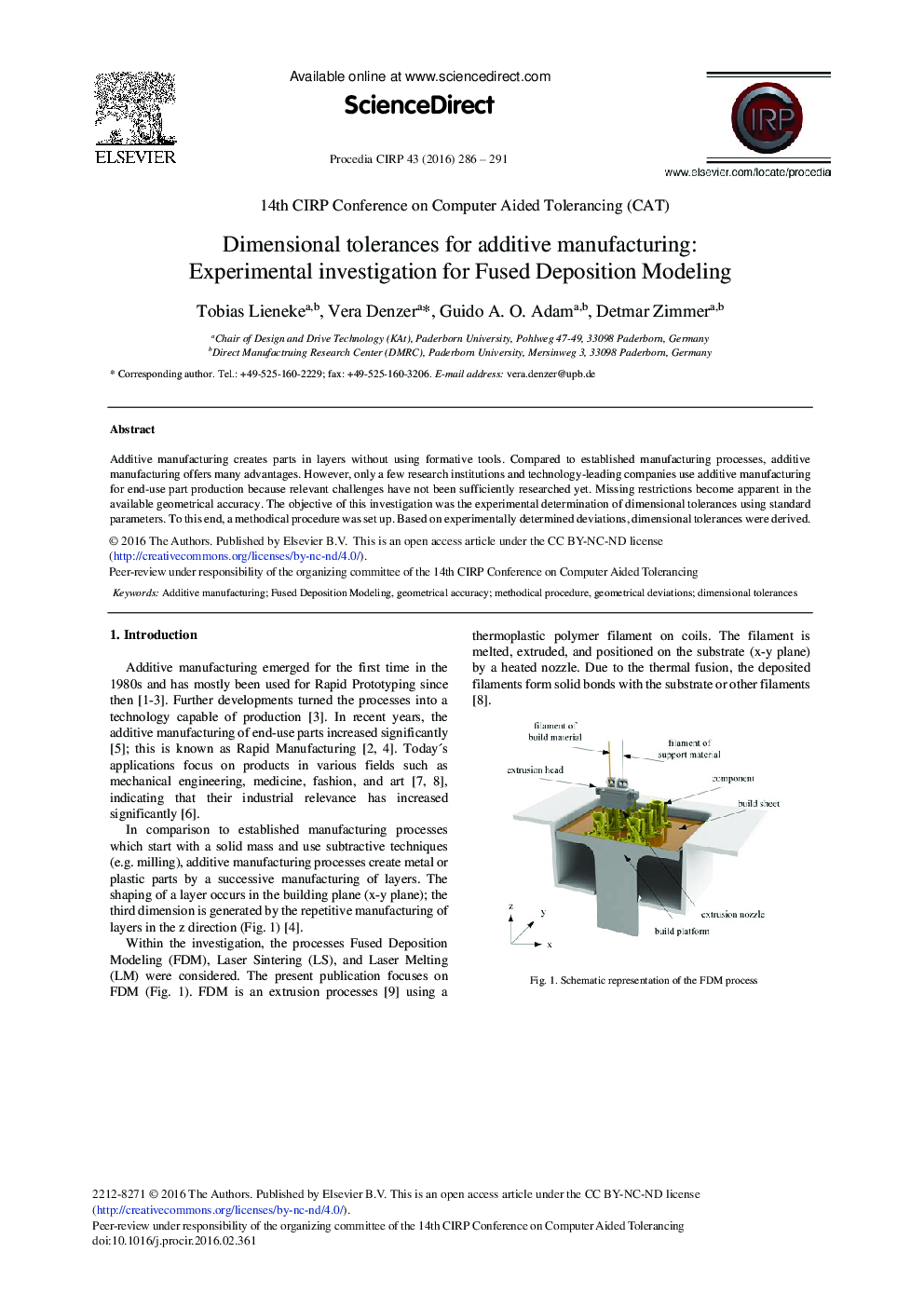 Dimensional Tolerances for Additive Manufacturing: Experimental Investigation for Fused Deposition Modeling 