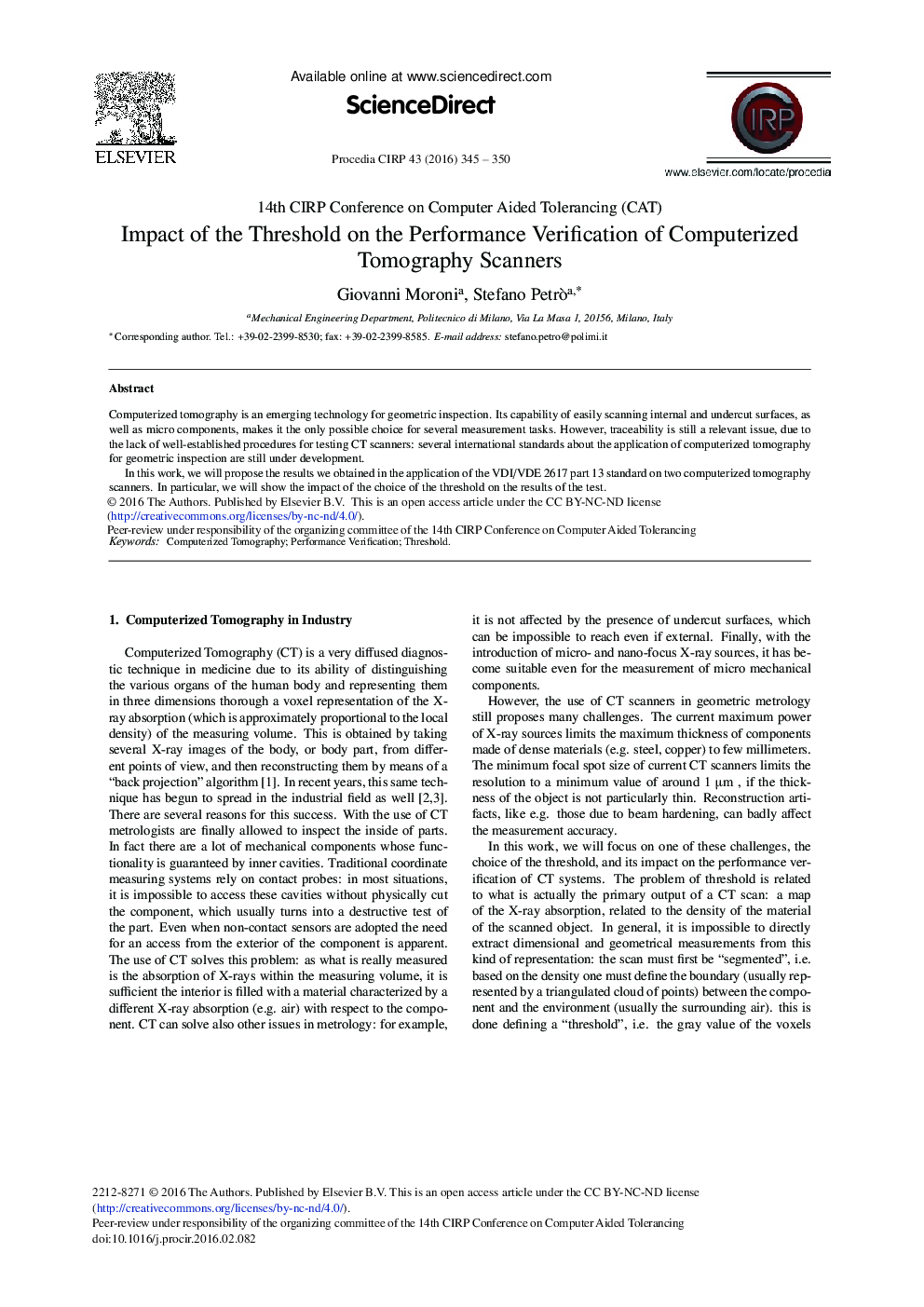 Impact of the Threshold on the Performance Verification of Computerized Tomography Scanners 