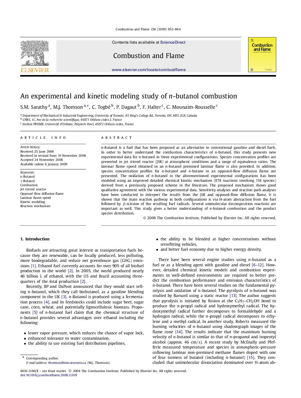 An experimental and kinetic modeling study of n-butanol combustion