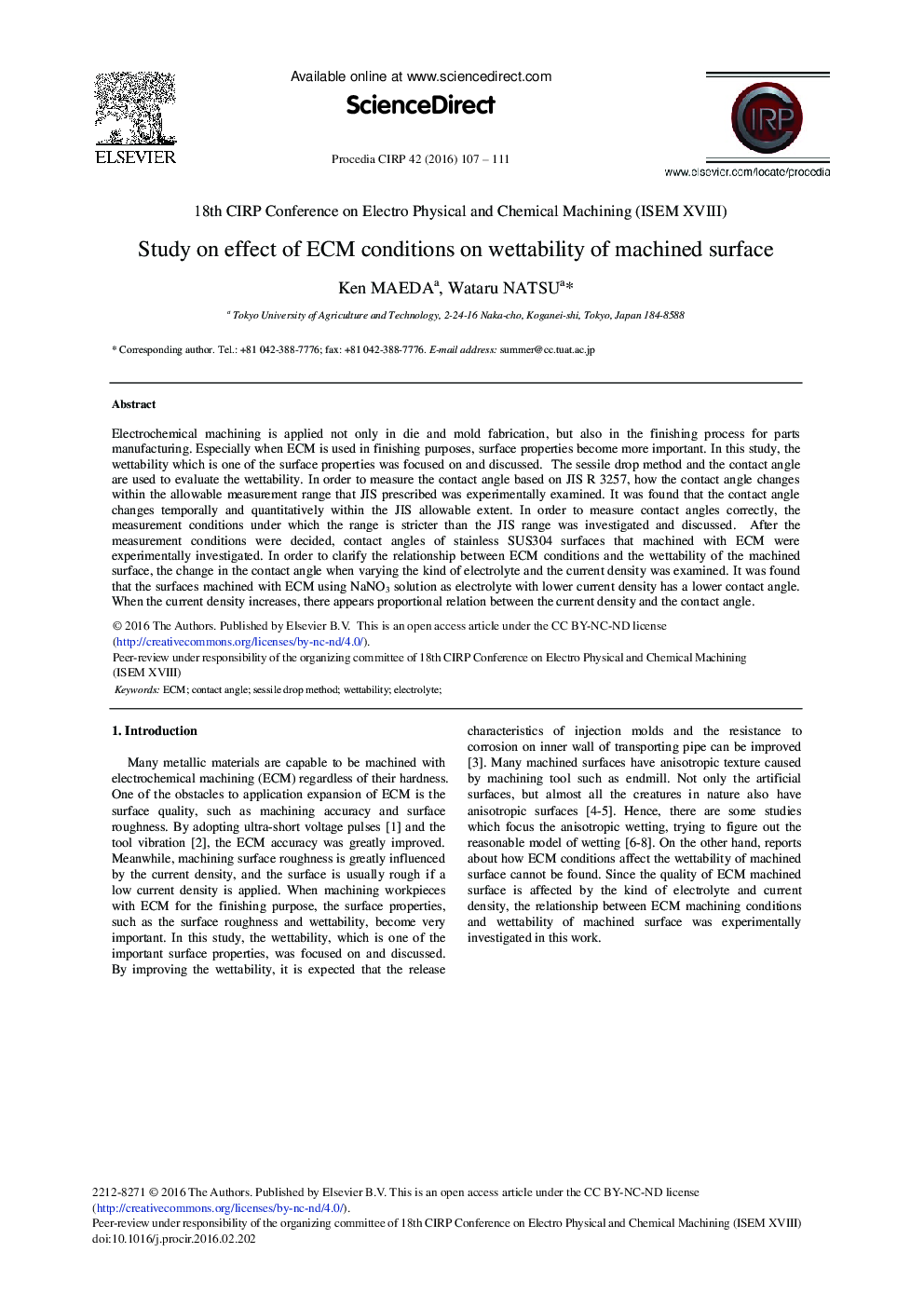 Study on Effect of ECM Conditions on Wettability of Machined Surface 