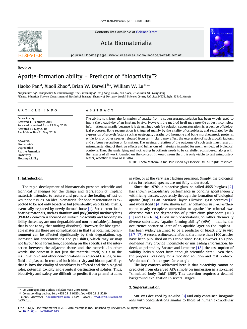 Apatite-formation ability – Predictor of “bioactivity”?