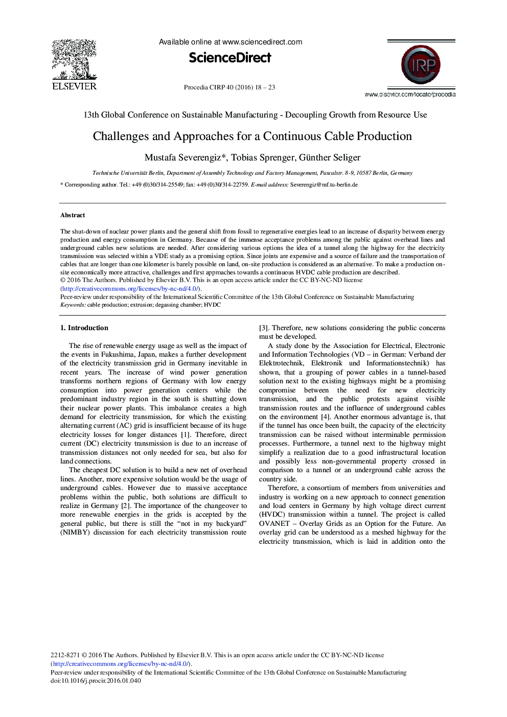 Challenges and Approaches for a Continuous Cable Production 