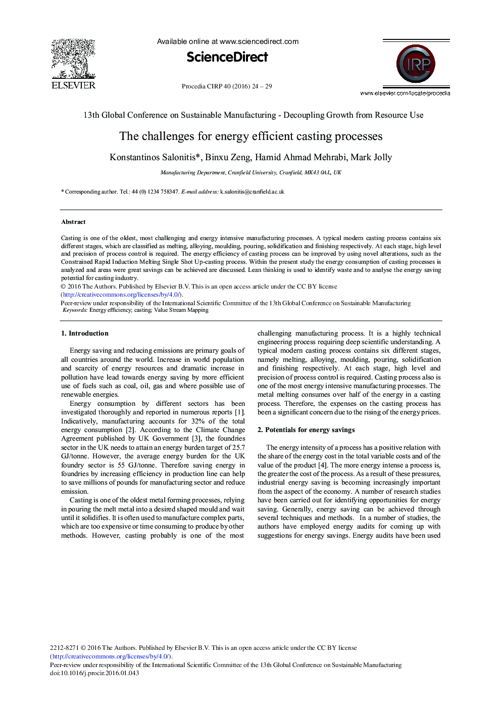 The Challenges for Energy Efficient Casting Processes 