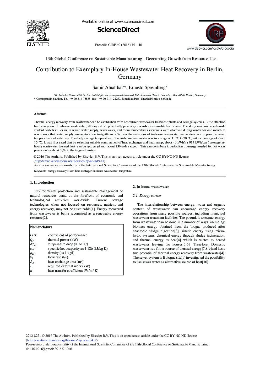 Contribution to Exemplary In-house Wastewater Heat Recovery in Berlin, Germany 