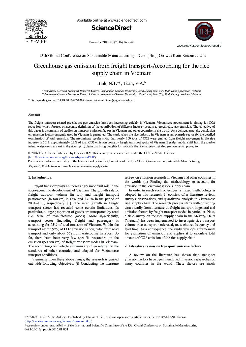 Greenhouse Gas Emission from Freight Transport-Accounting for the Rice Supply Chain in Vietnam 