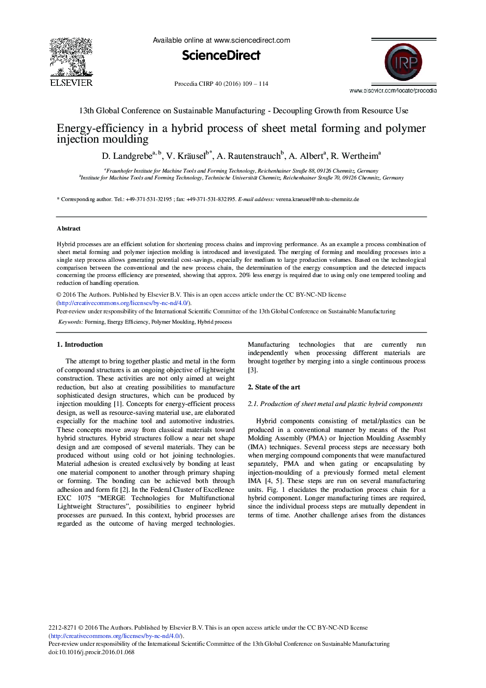 Energy-efficiency in a Hybrid Process of Sheet Metal Forming and Polymer Injection Moulding 