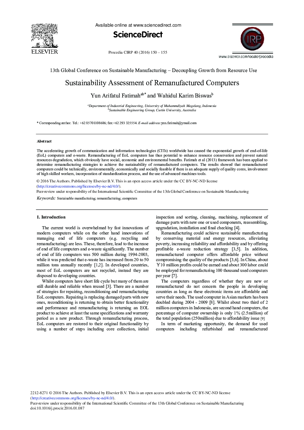 Sustainability Assessment of Remanufactured Computers 