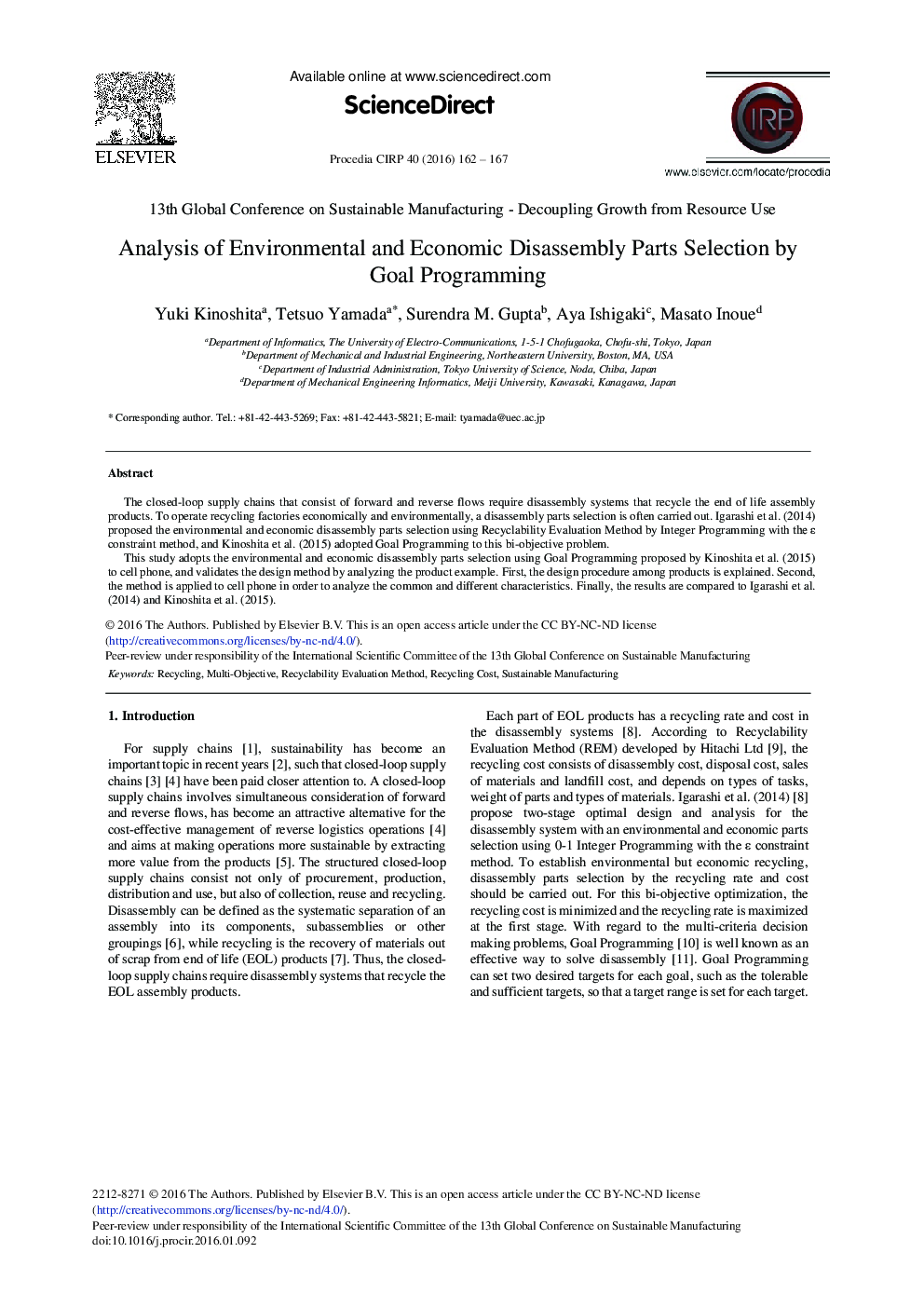 Analysis of Environmental and Economic Disassembly Parts Selection by Goal Programming 