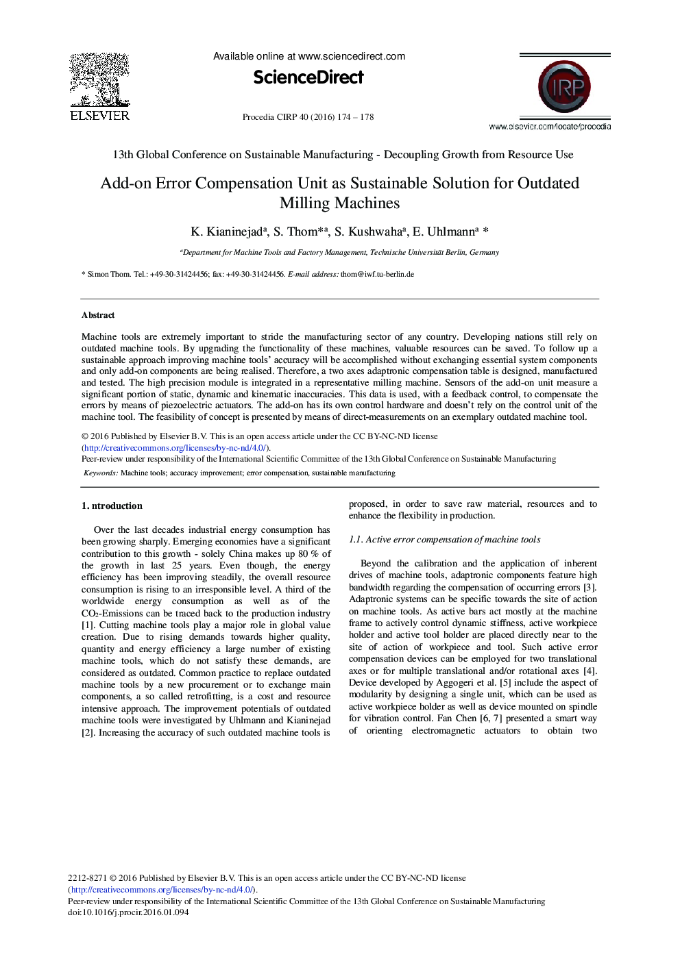 Add-on Error Compensation Unit as Sustainable Solution for Outdated Milling Machines 