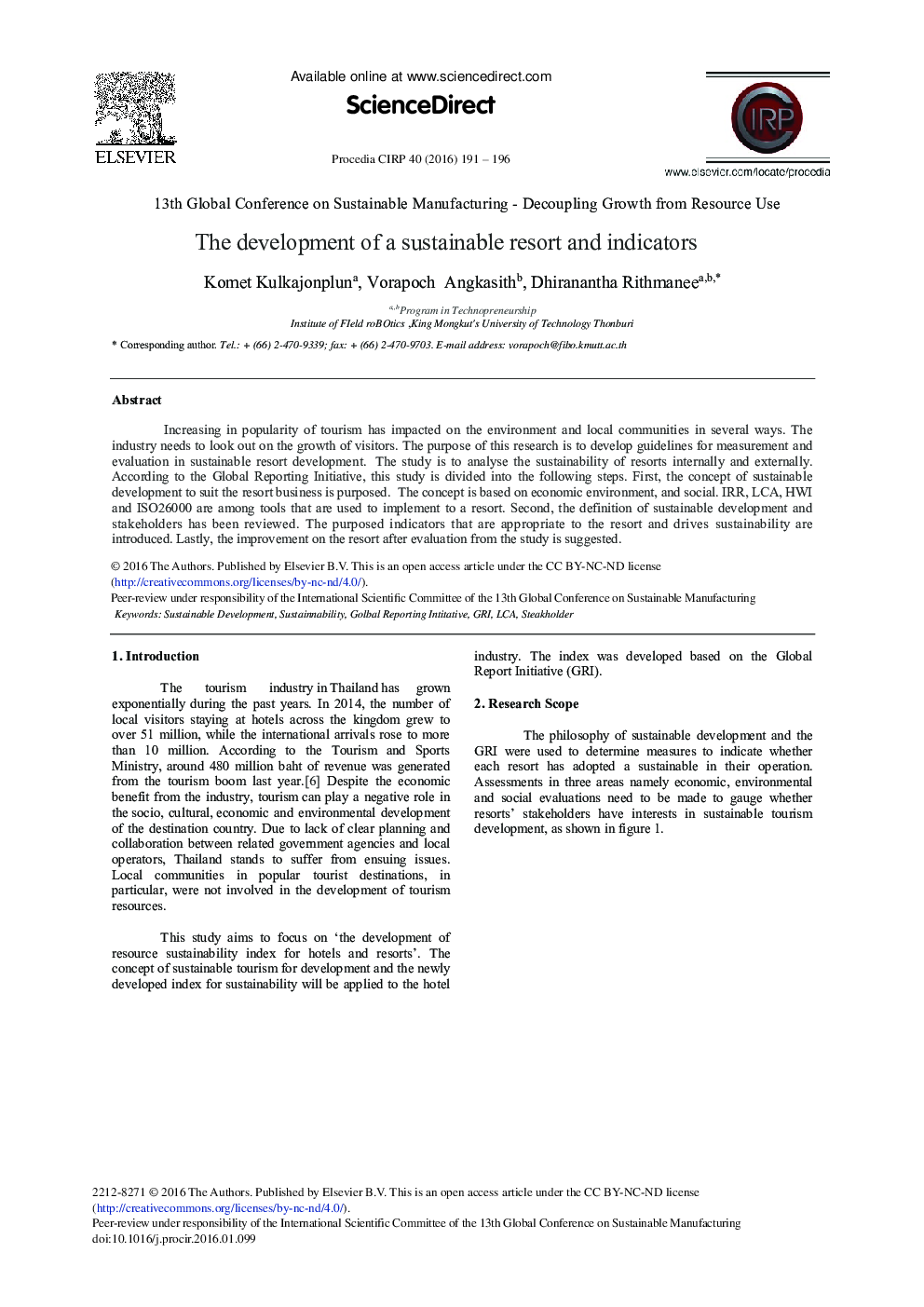 The Development of a Sustainable Resort and Indicators 