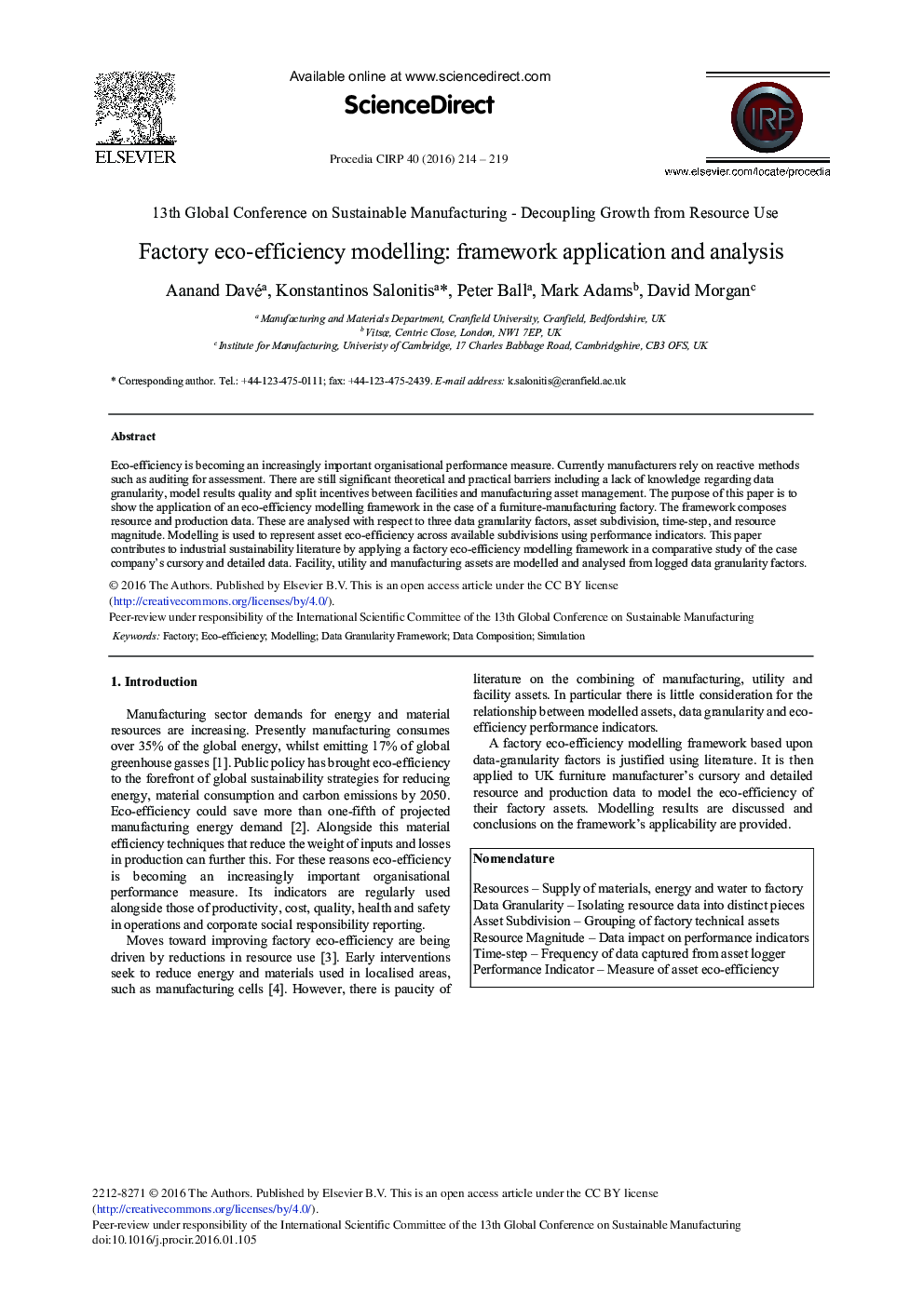 Factory Eco-Efficiency Modelling: Framework Application and Analysis 