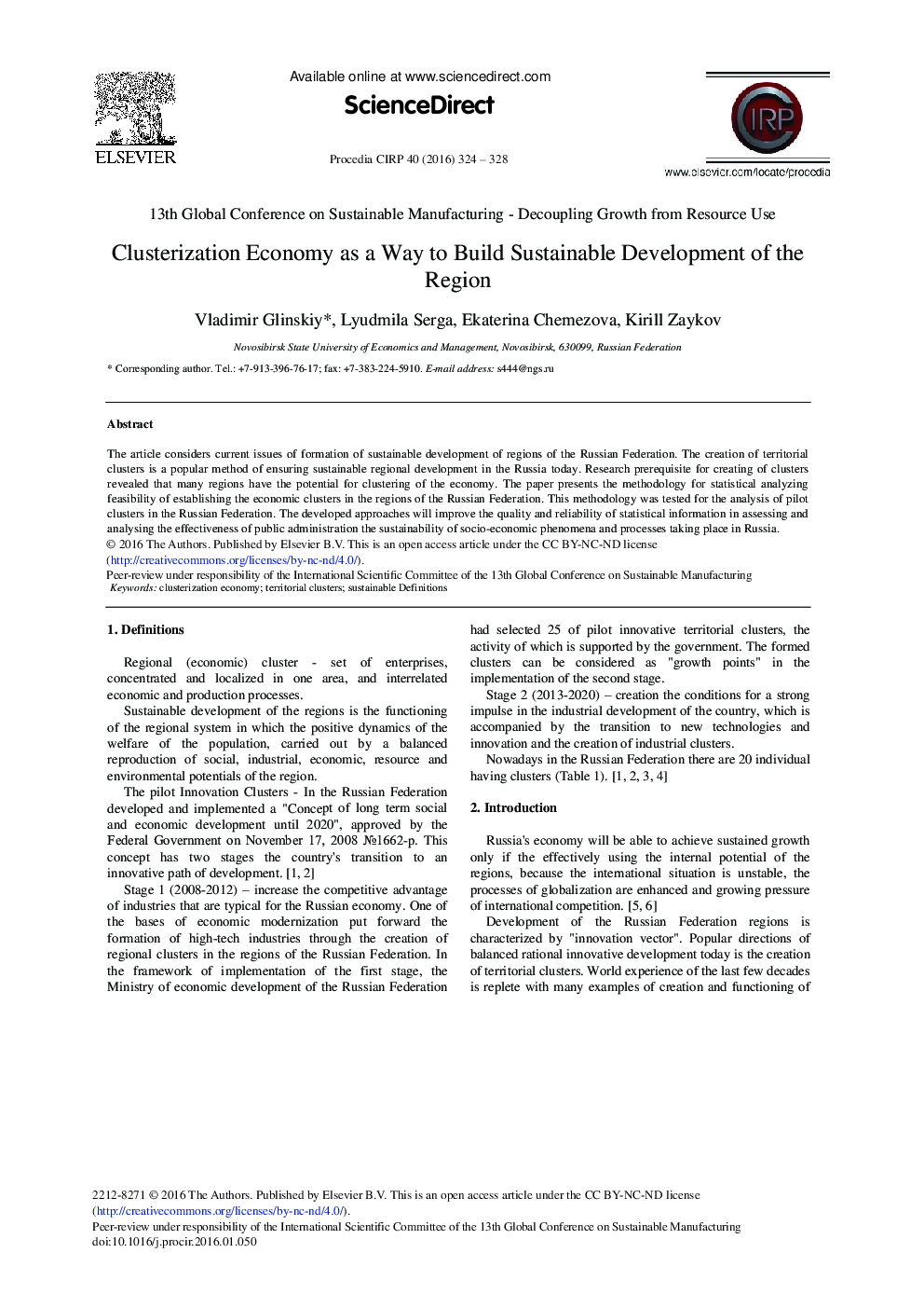 Clusterization Economy as a Way to Build Sustainable Development of the Region 