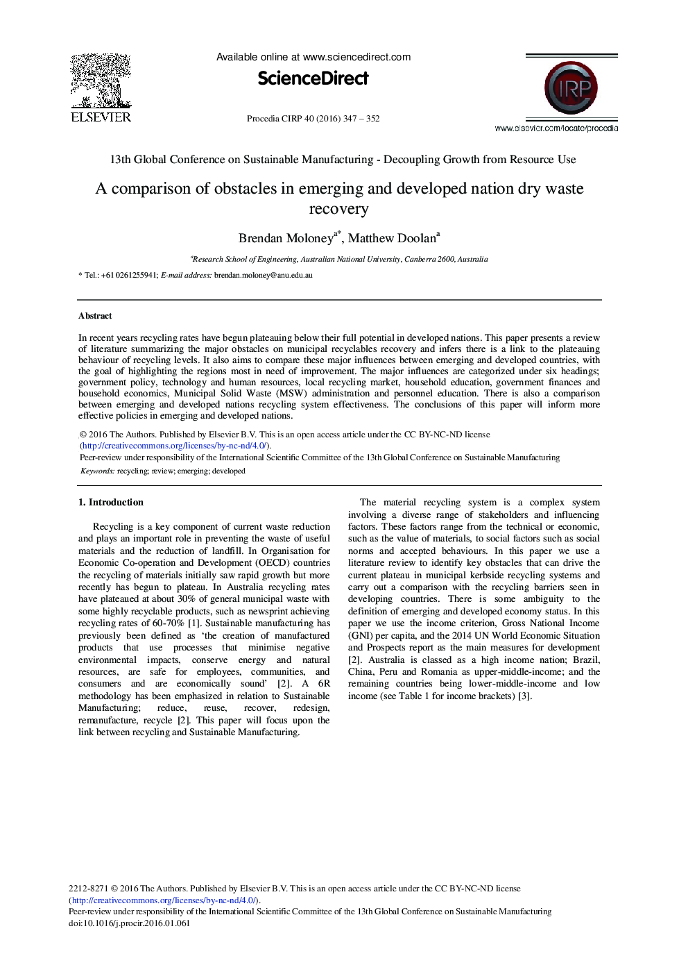 A Comparison of Obstacles in Emerging and Developed Nation Dry Waste Recovery 