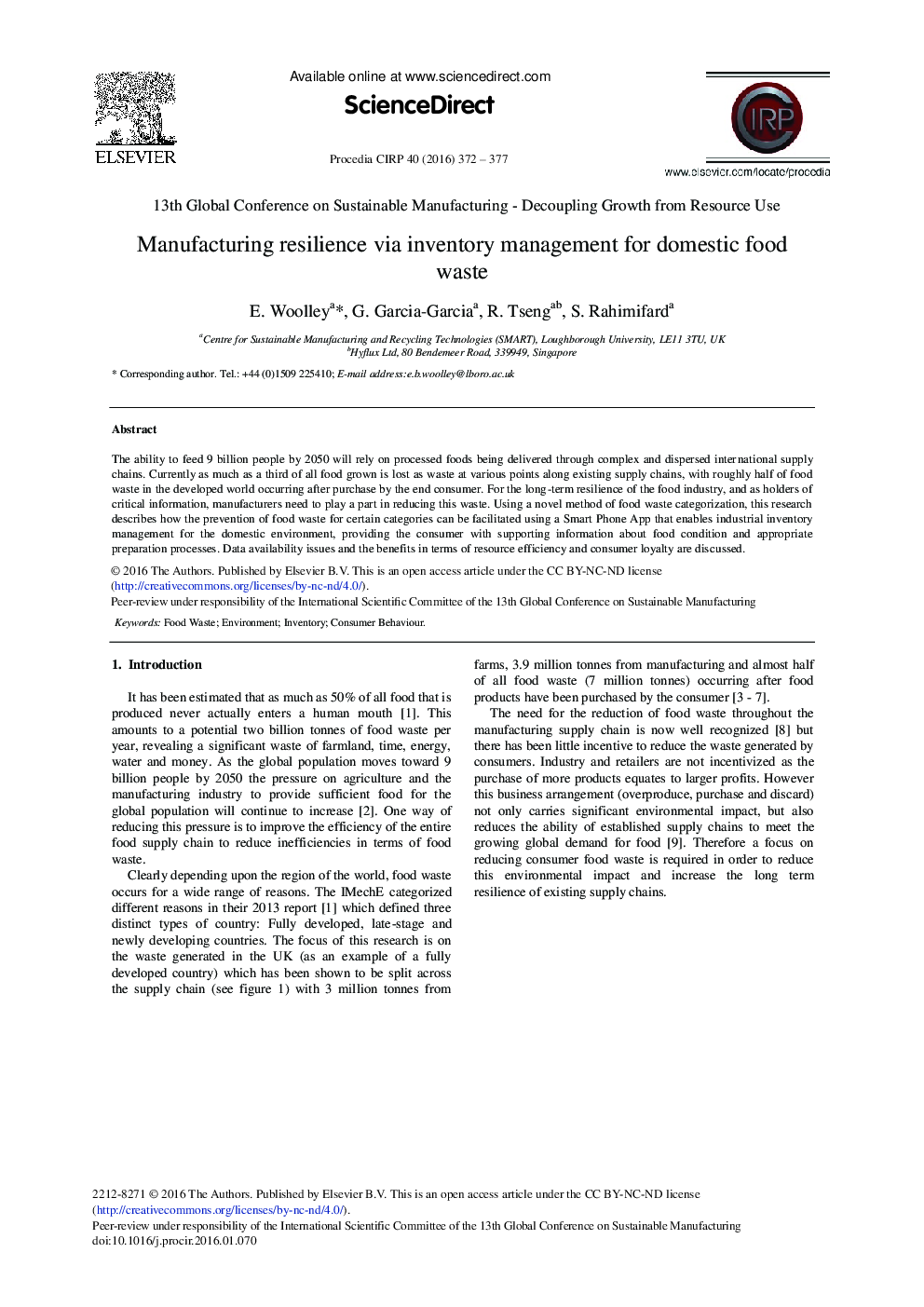 Manufacturing Resilience Via Inventory Management for Domestic Food Waste 