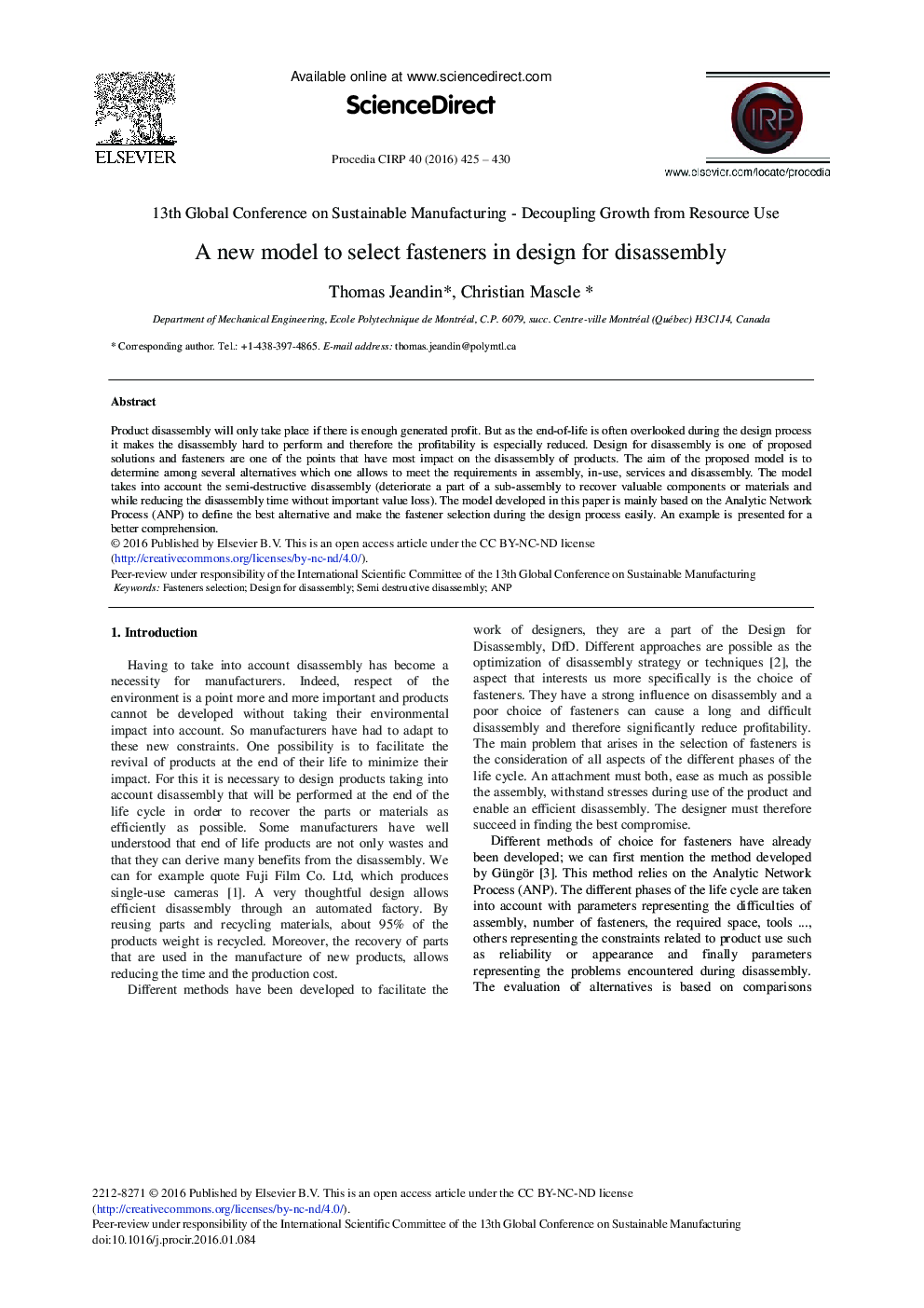 A New Model to Select Fasteners in Design for Disassembly 