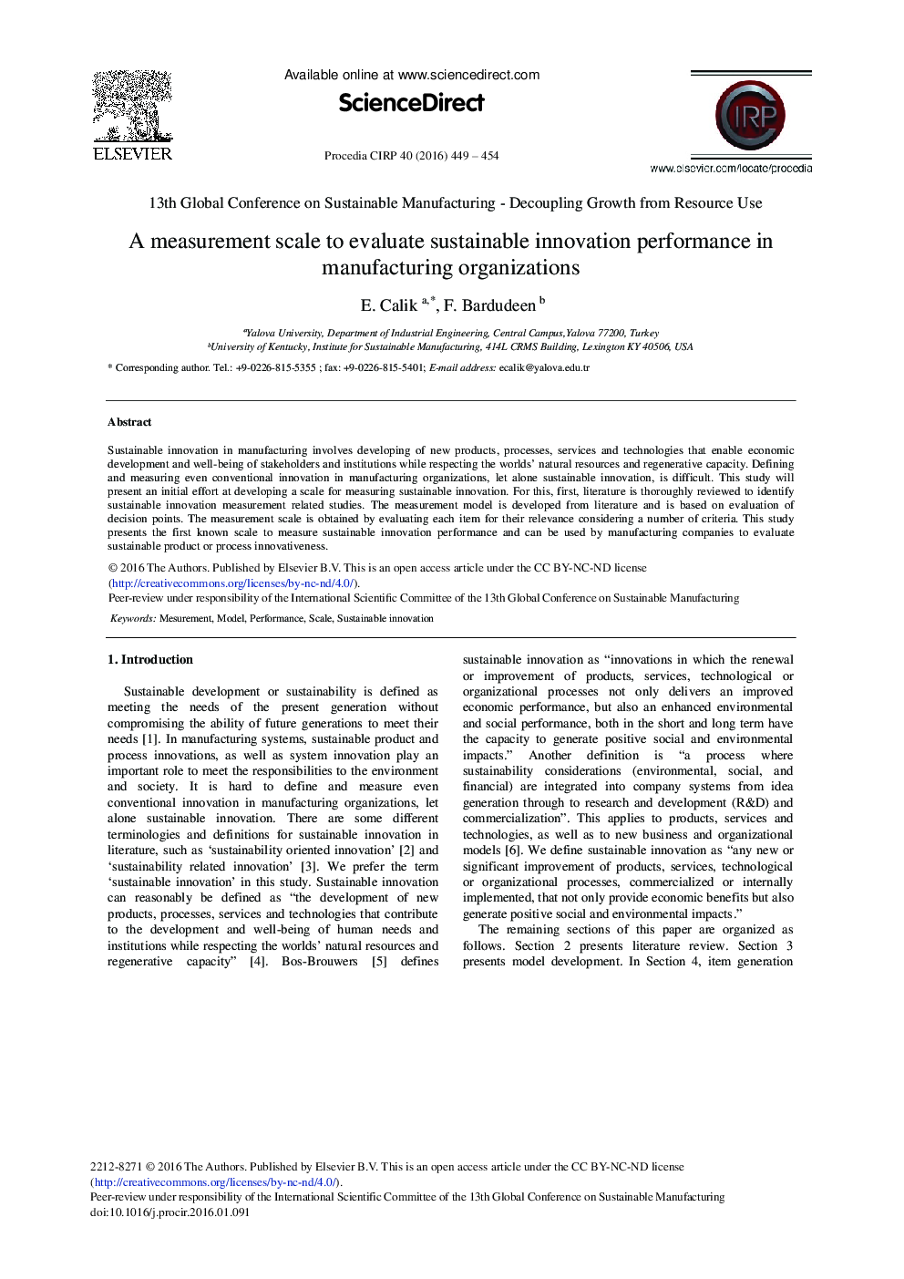 A Measurement Scale to Evaluate Sustainable Innovation Performance in Manufacturing Organizations 