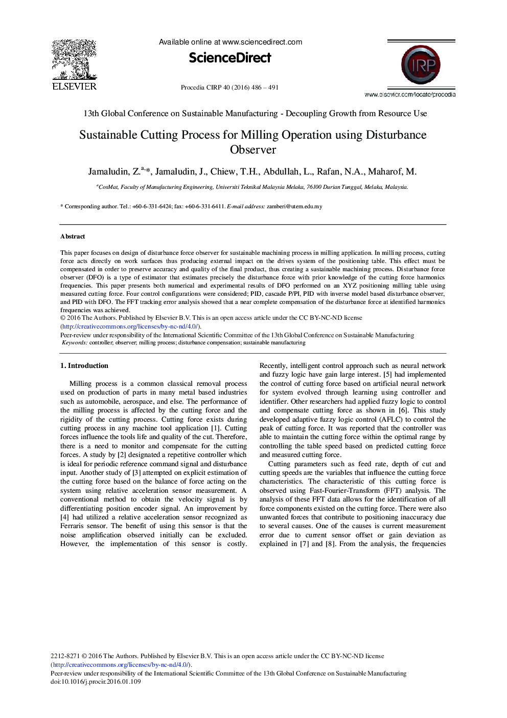 Sustainable Cutting Process for Milling Operation Using Disturbance Observer 