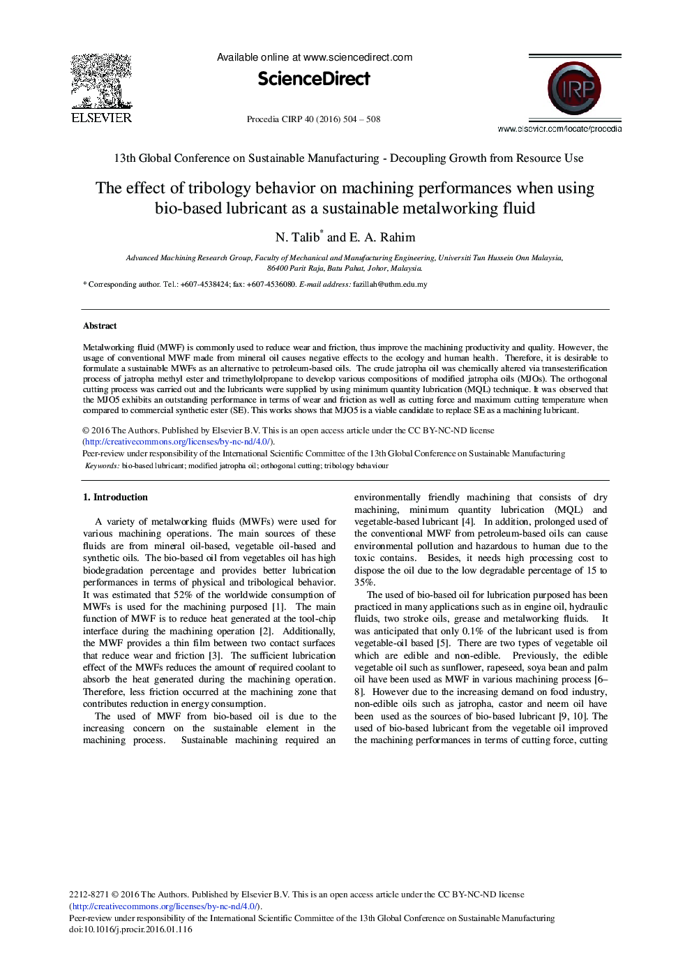 The Effect of Tribology Behavior on Machining Performances When Using Bio-based Lubricant as a Sustainable Metalworking Fluid 