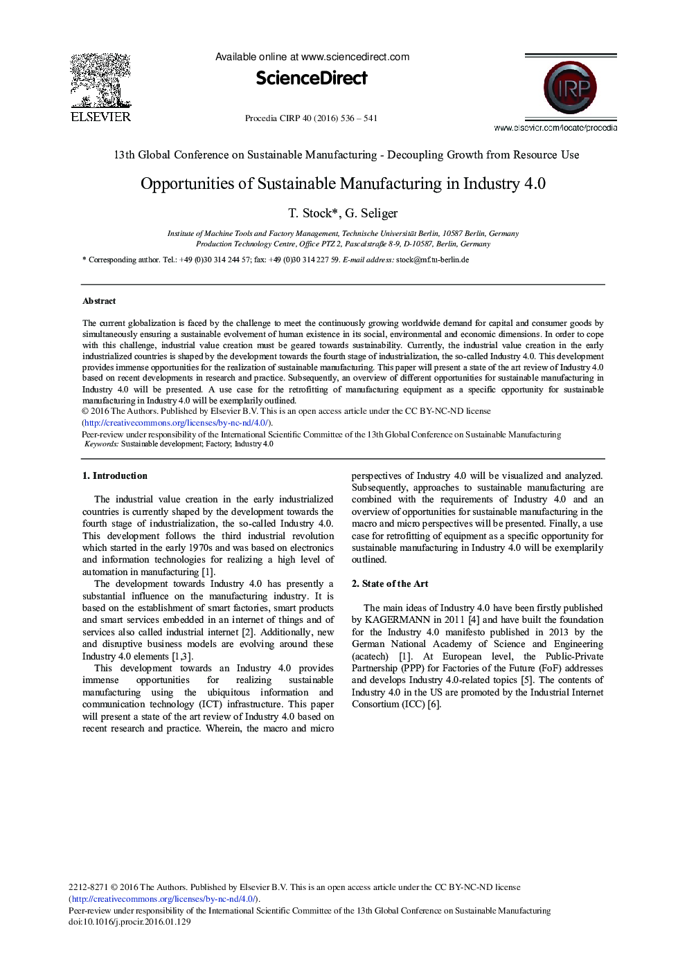 Opportunities of Sustainable Manufacturing in Industry 4.0