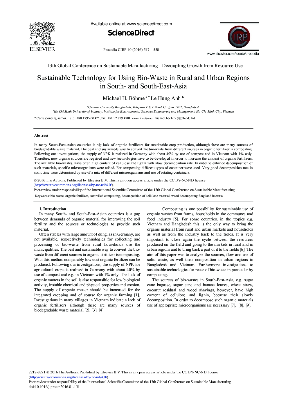 Sustainable Technology for Using Bio-Waste in Rural and Urban Regions in South- and South-East-Asia 