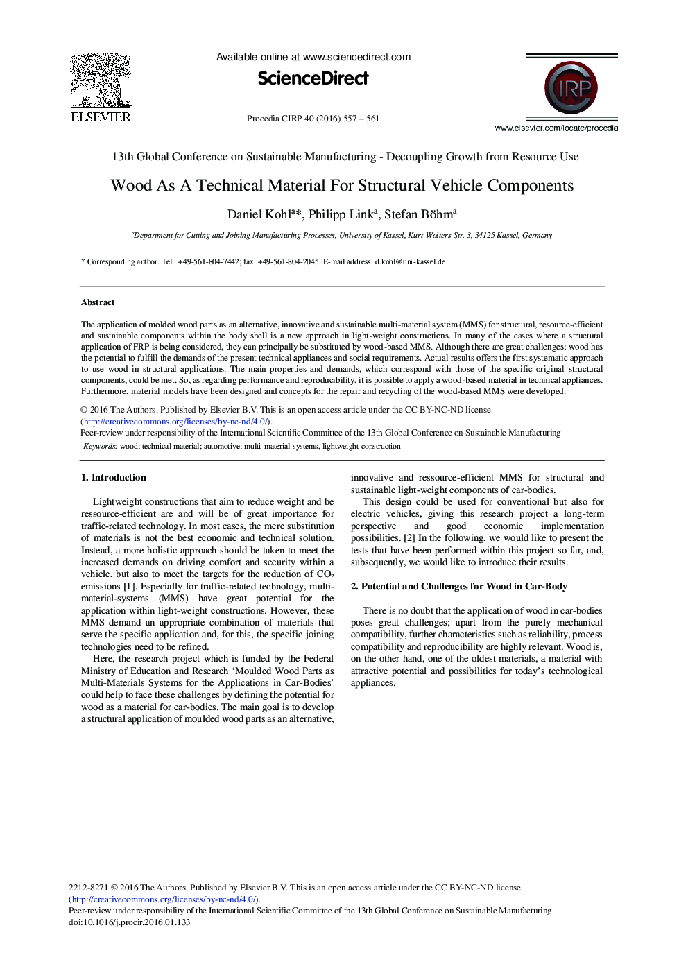 Wood as a Technical Material for Structural Vehicle Components 