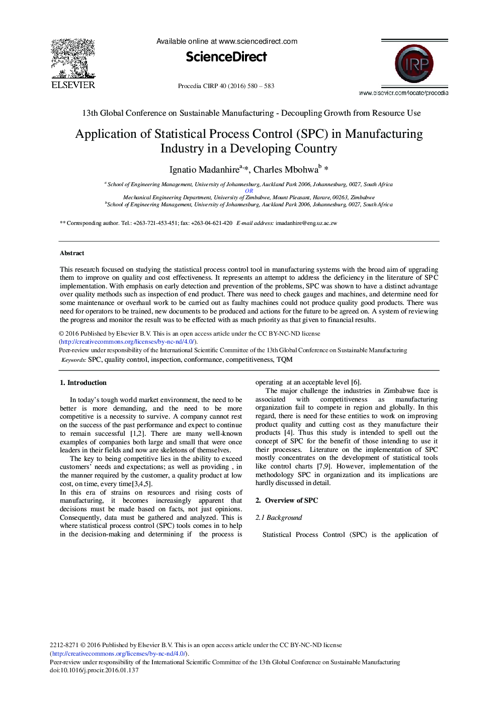 Application of Statistical Process Control (SPC) in Manufacturing Industry in a Developing Country 