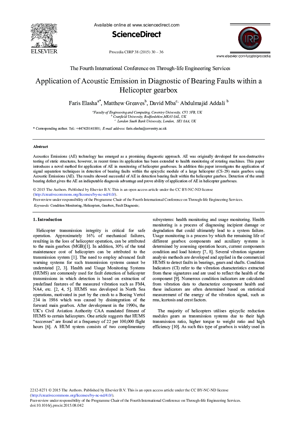 Application of Acoustic Emission in Diagnostic of Bearing Faults within a Helicopter Gearbox 