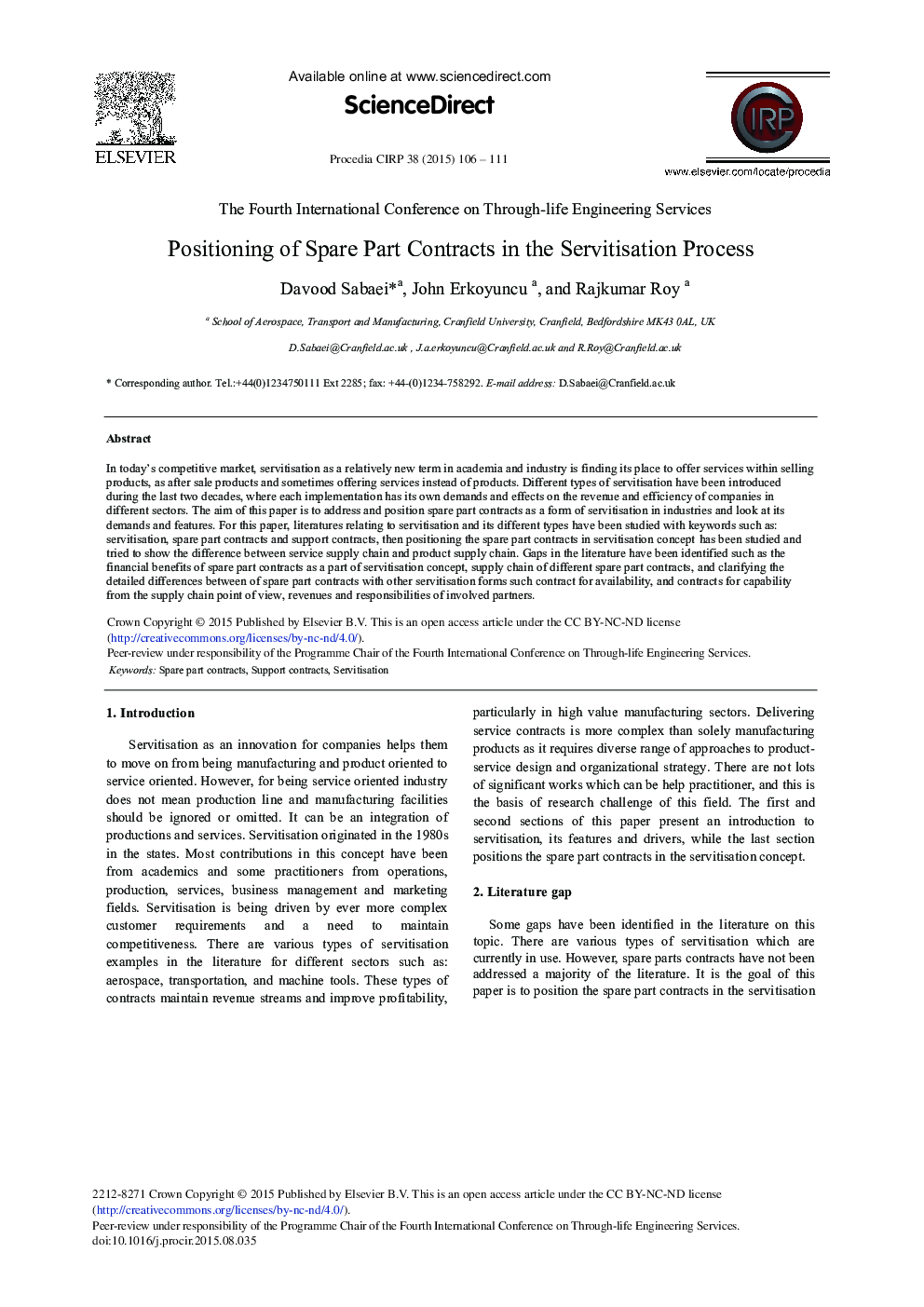 Positioning of Spare Part Contracts in the Servitisation Process 