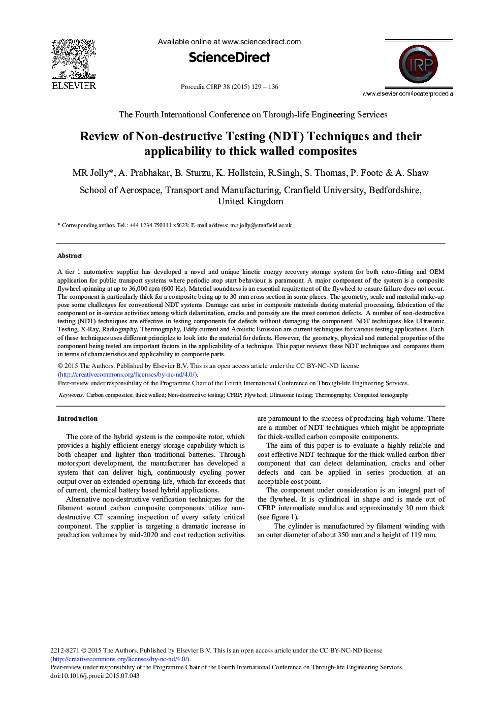 Review of Non-destructive Testing (NDT) Techniques and their Applicability to Thick Walled Composites 