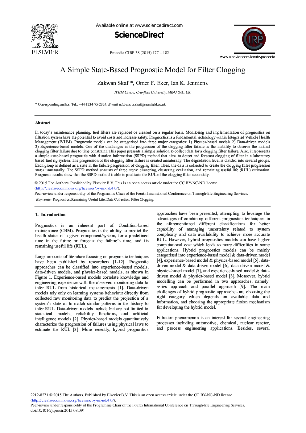 A Simple State-Based Prognostic Model for Filter Clogging 