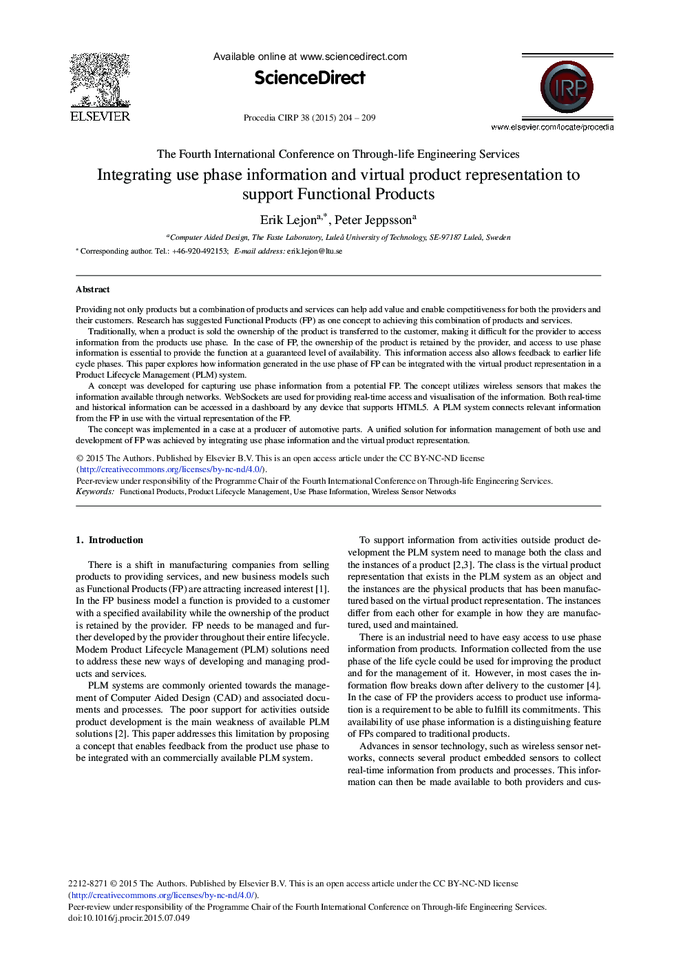 Integrating Use Phase Information and Virtual Product Representation to Support Functional Products 