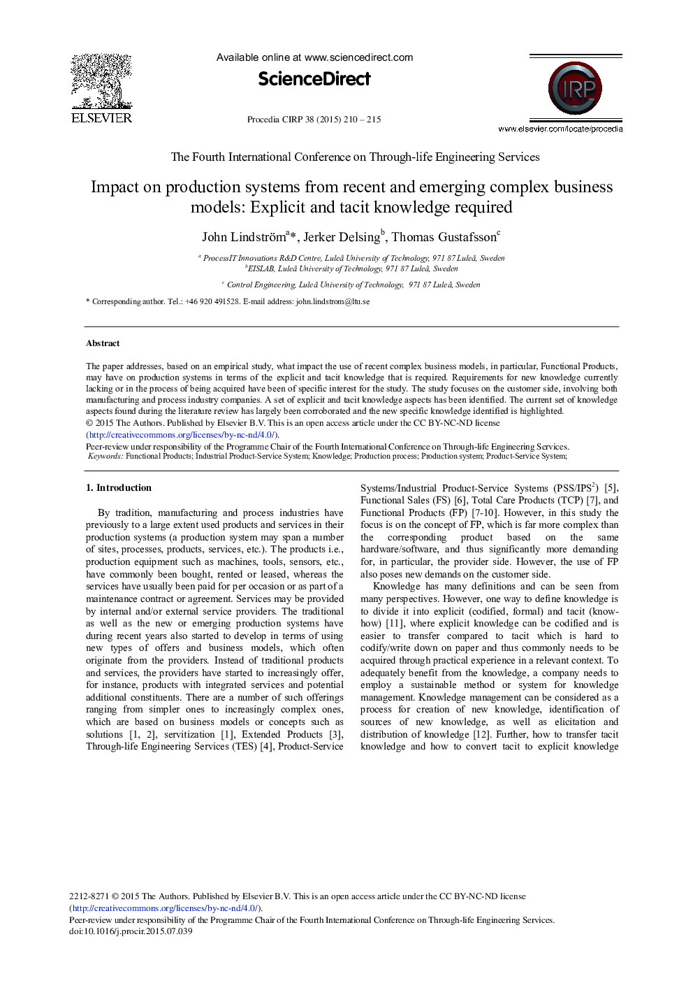 Impact on Production Systems from Recent and Emerging Complex Business Models: Explicit and Tacit Knowledge Required 