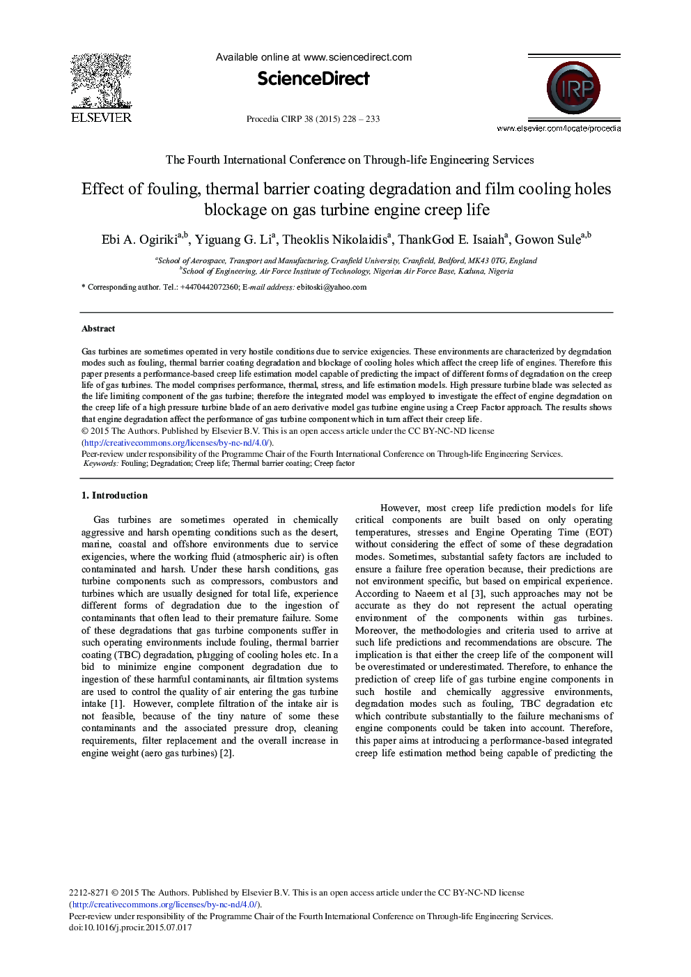 Effect of Fouling, Thermal Barrier Coating Degradation and Film Cooling Holes Blockage on Gas Turbine Engine Creep Life 