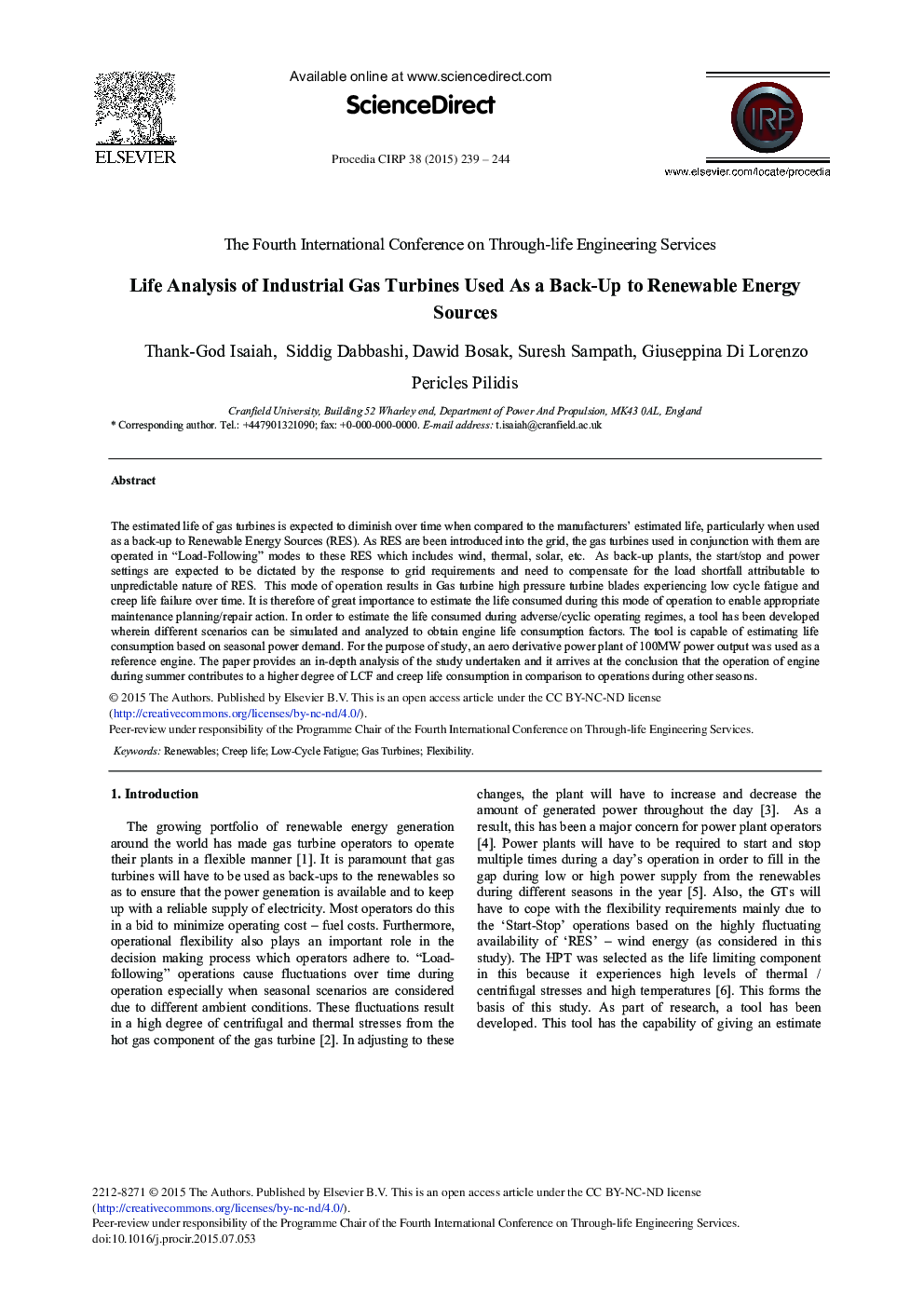 Life Analysis of Industrial Gas Turbines Used As a Back-Up to Renewable Energy Sources
