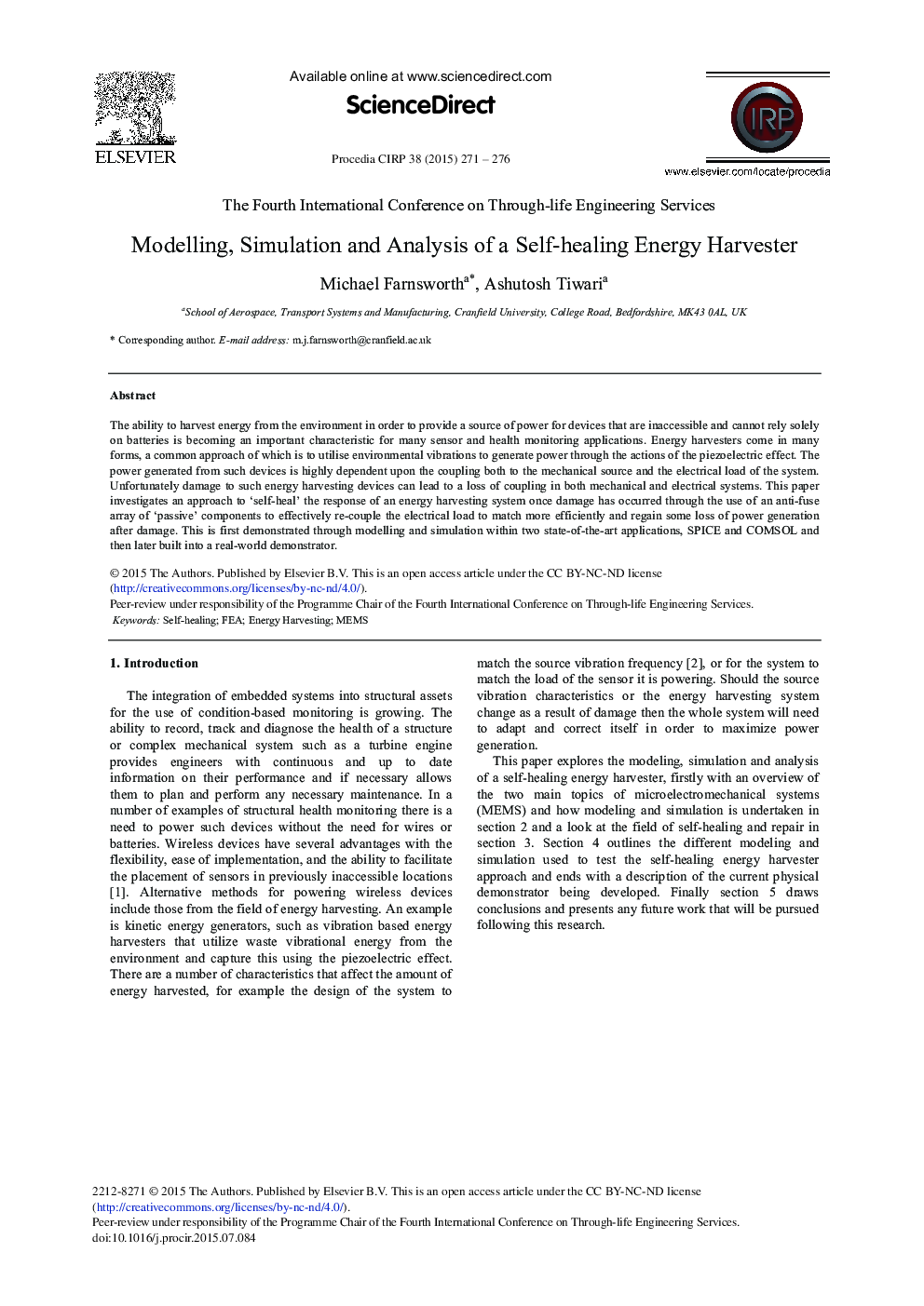 Modelling, Simulation and Analysis of a Self-healing Energy Harvester 