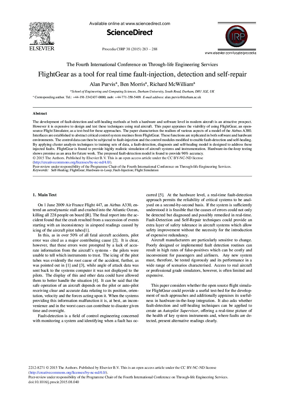 FlightGear as a Tool for Real Time Fault-injection, Detection and Self-repair 