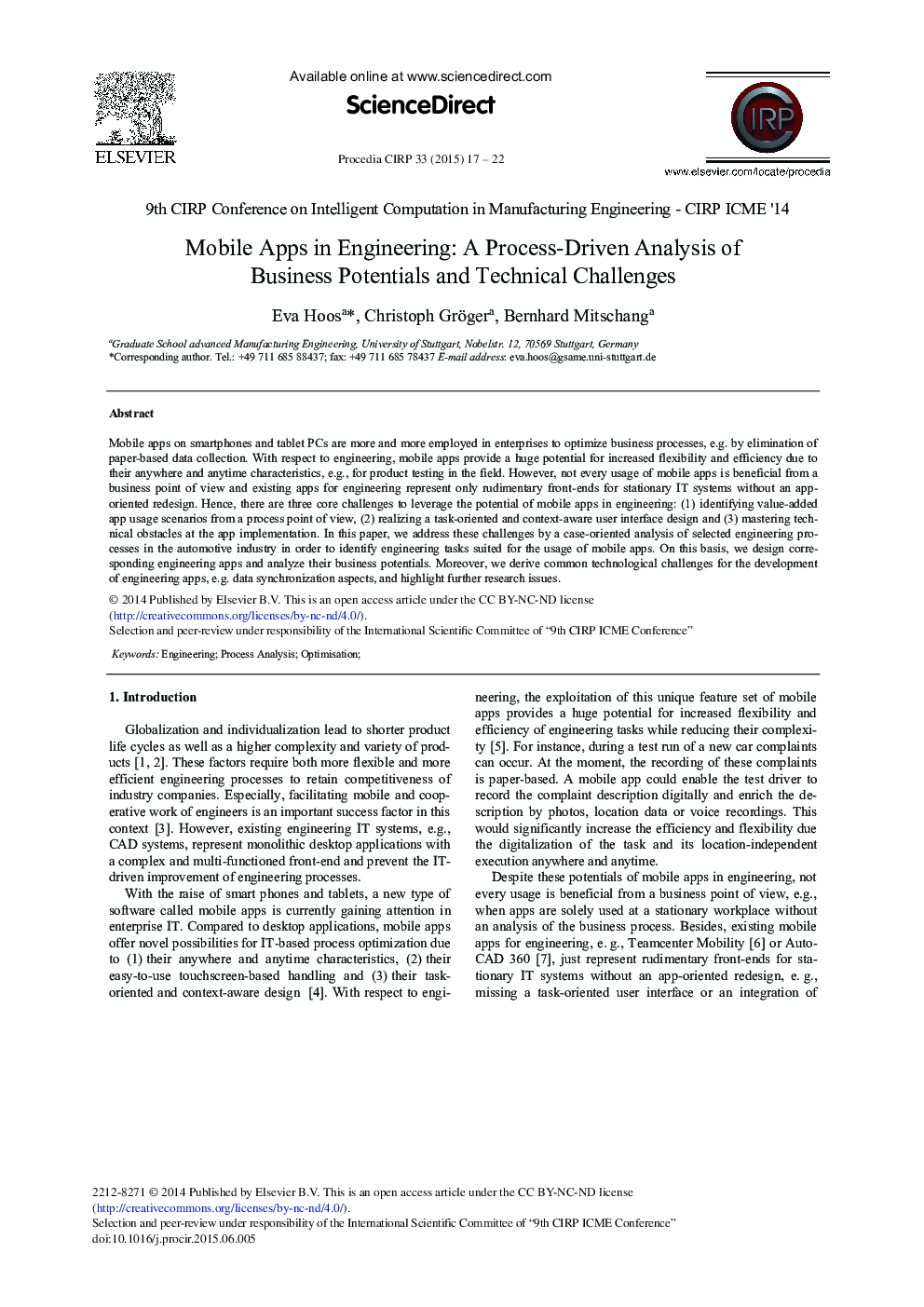 Mobile Apps in Engineering: A Process-Driven Analysis of Business Potentials and Technical Challenges 