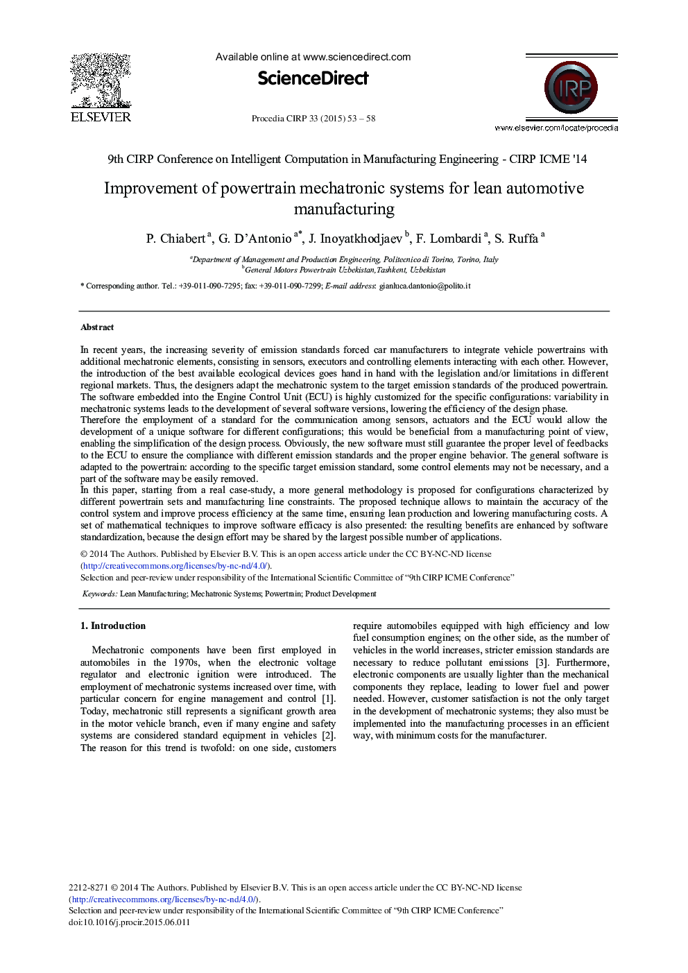 Improvement of Powertrain Mechatronic Systems for Lean Automotive Manufacturing 