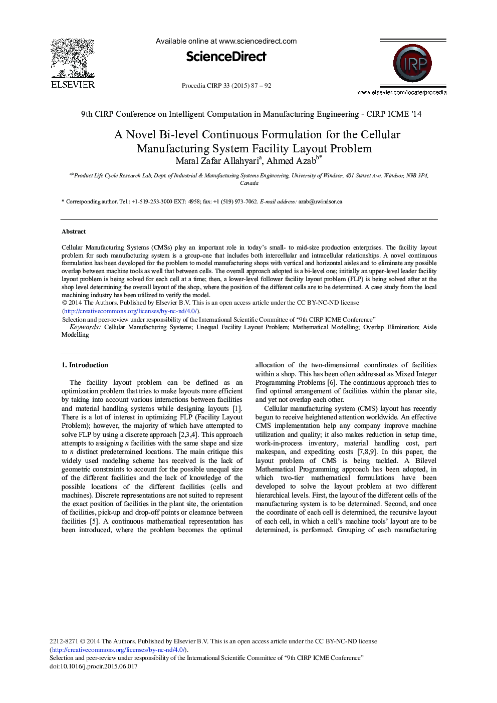 A Novel Bi-level Continuous Formulation for the Cellular Manufacturing System Facility Layout Problem 