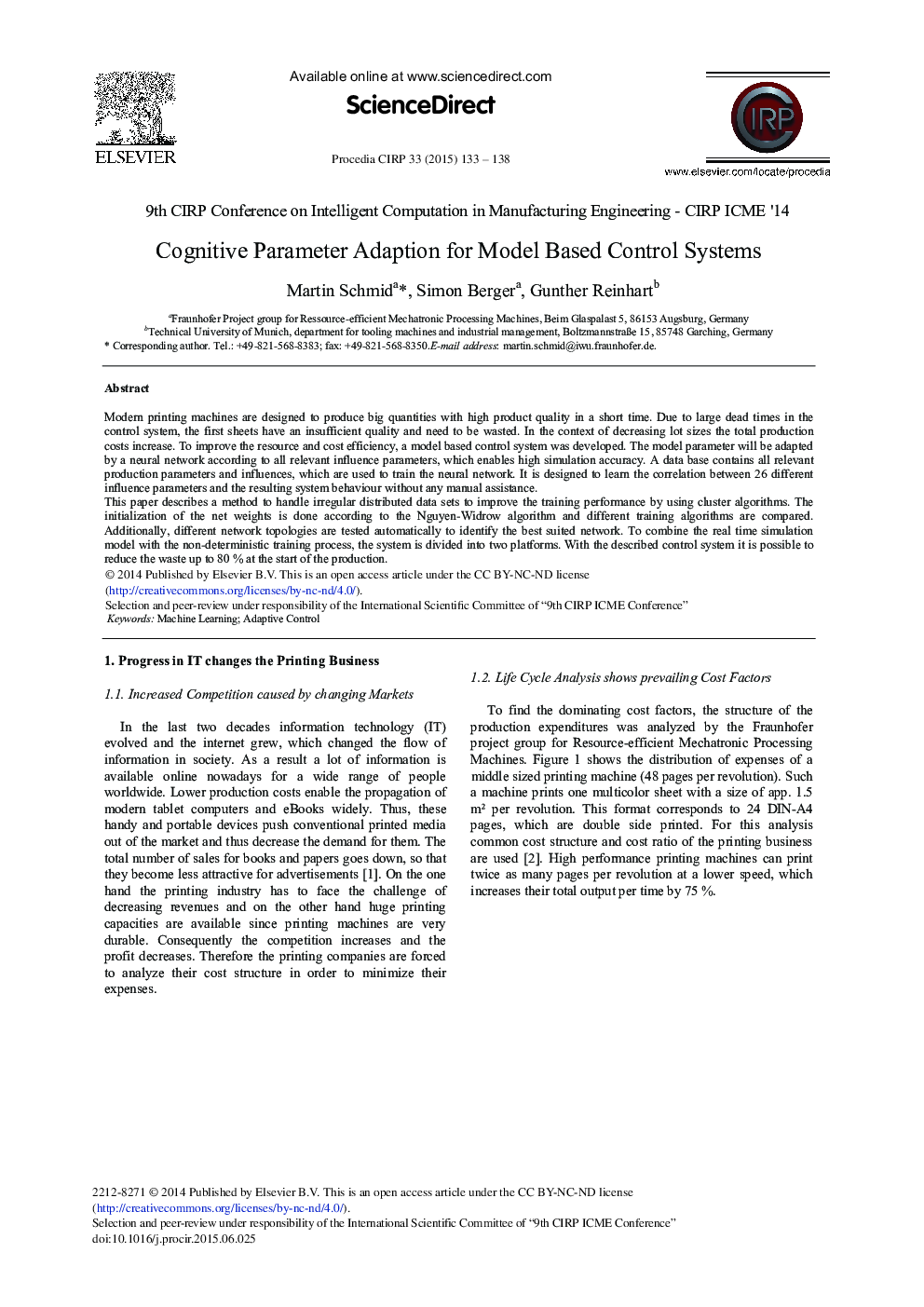 Cognitive Parameter Adaption for Model Based Control Systems 